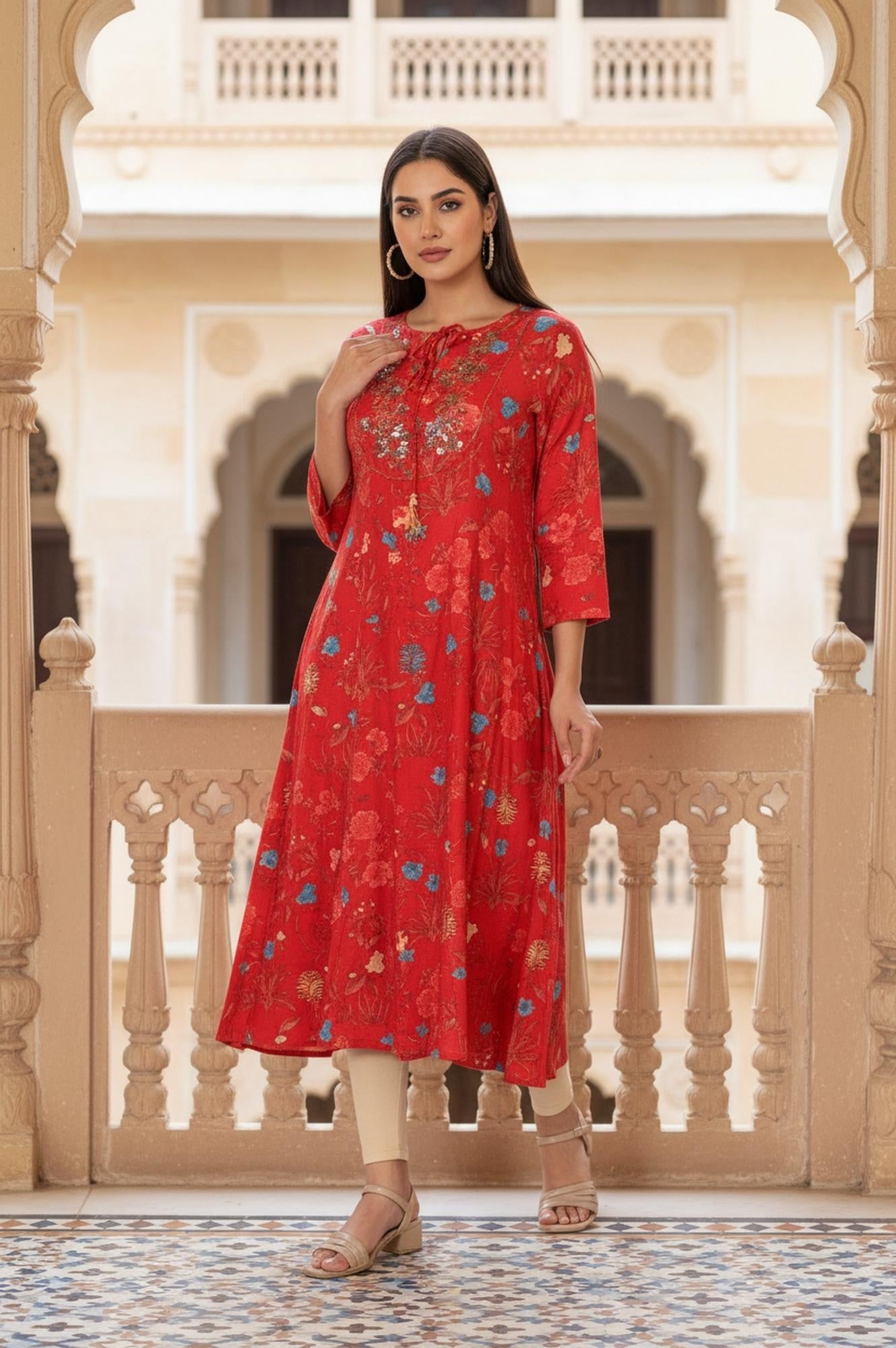 Red Floral Print Embroidered Sequined A-Line Shantung Kurta