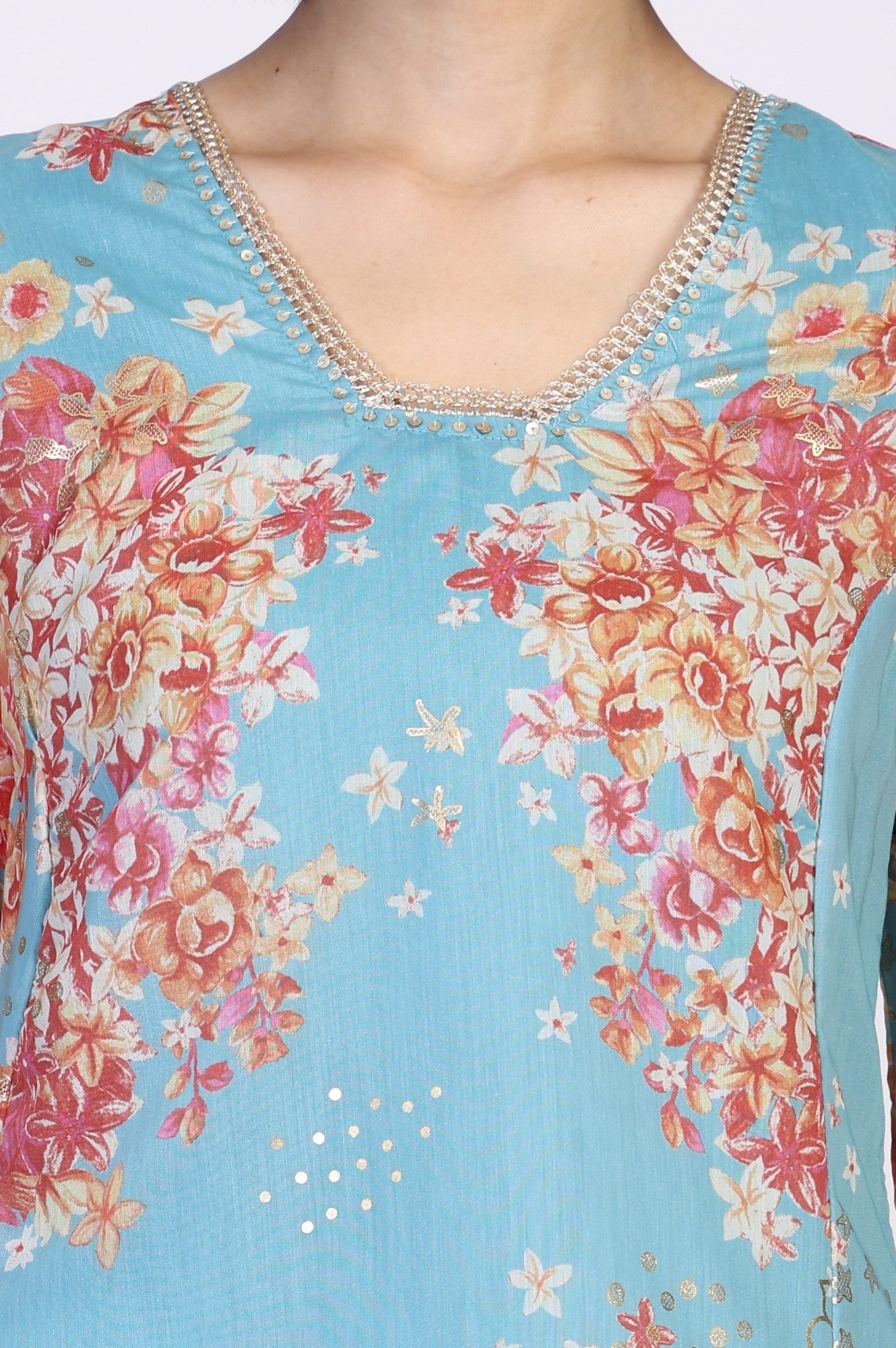 Turquoise Blue Floral Print Tape A-Line Chanderi Kurta