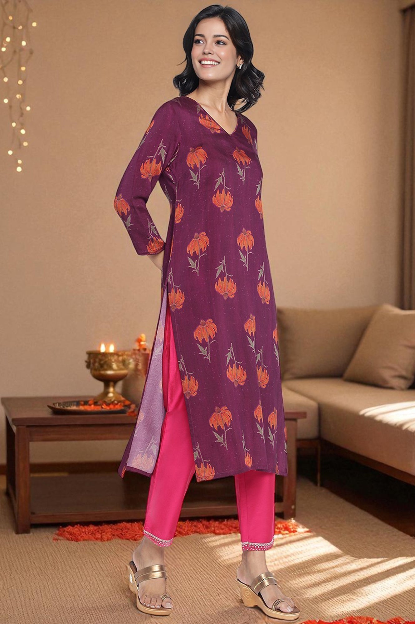 Wine Printed Crepe Straight Kurta