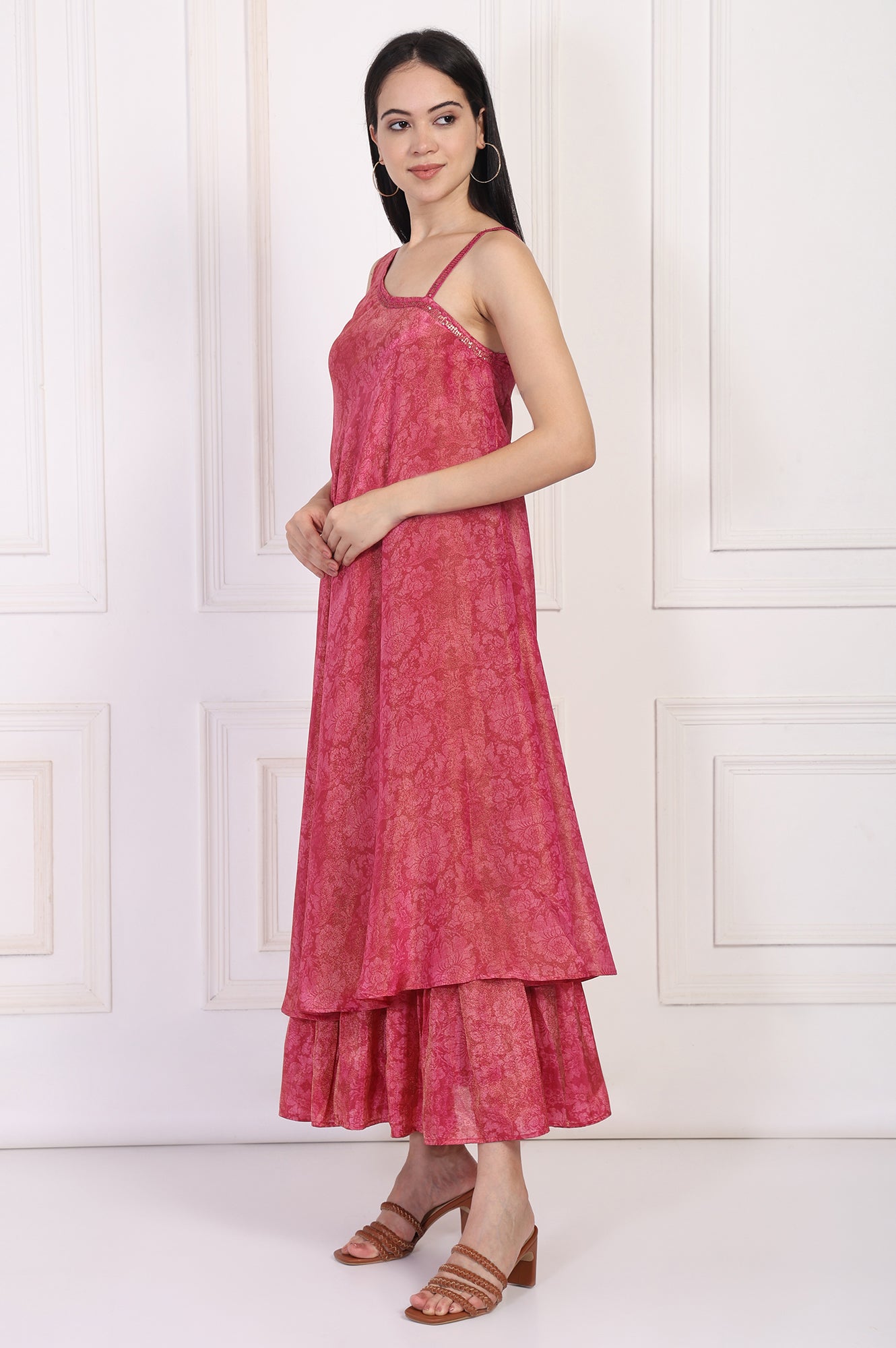 Pink Sequined A-Line Tissue Dress