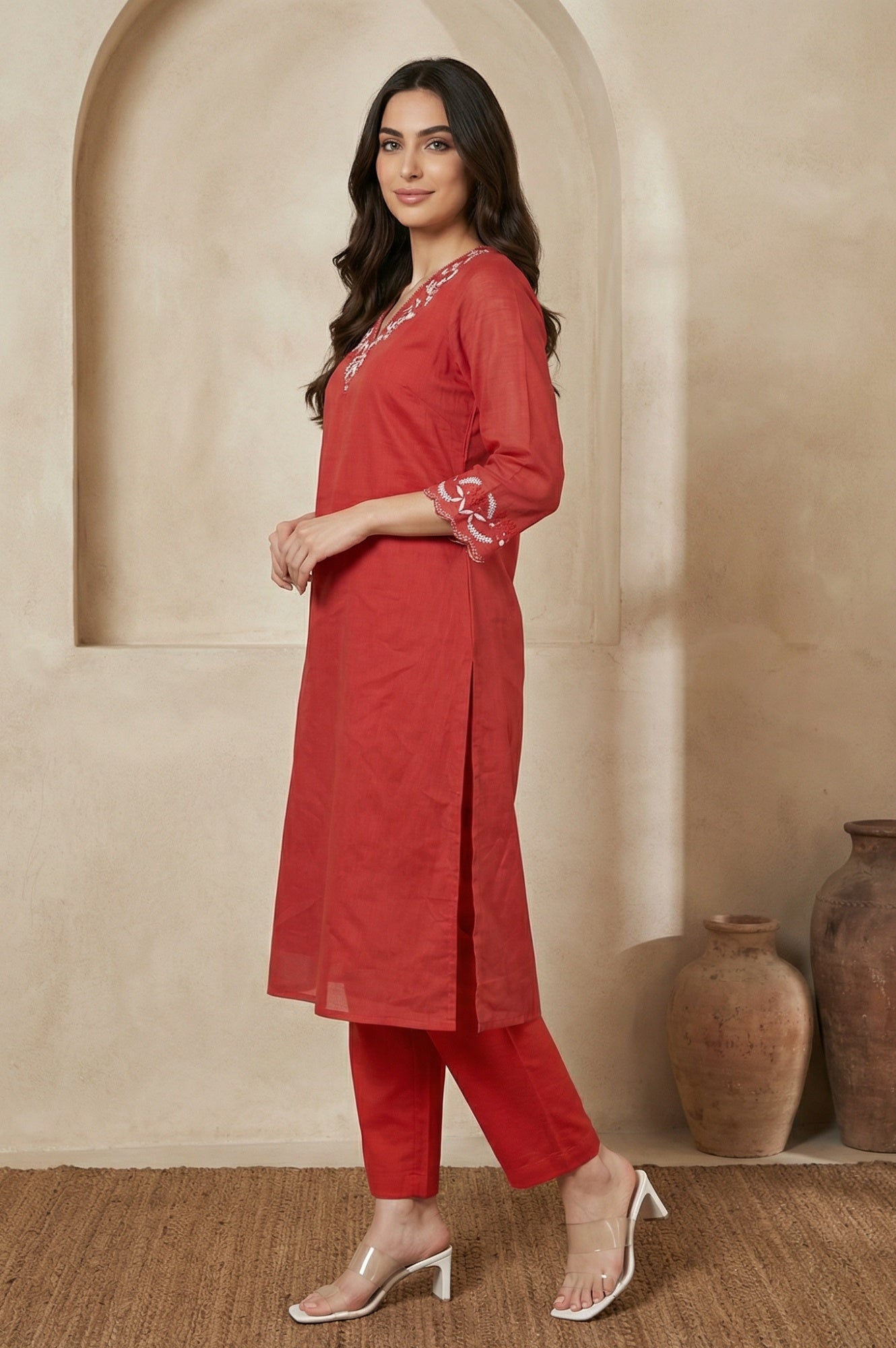 Red Thread Embroidered Straight Chanderi Kurta