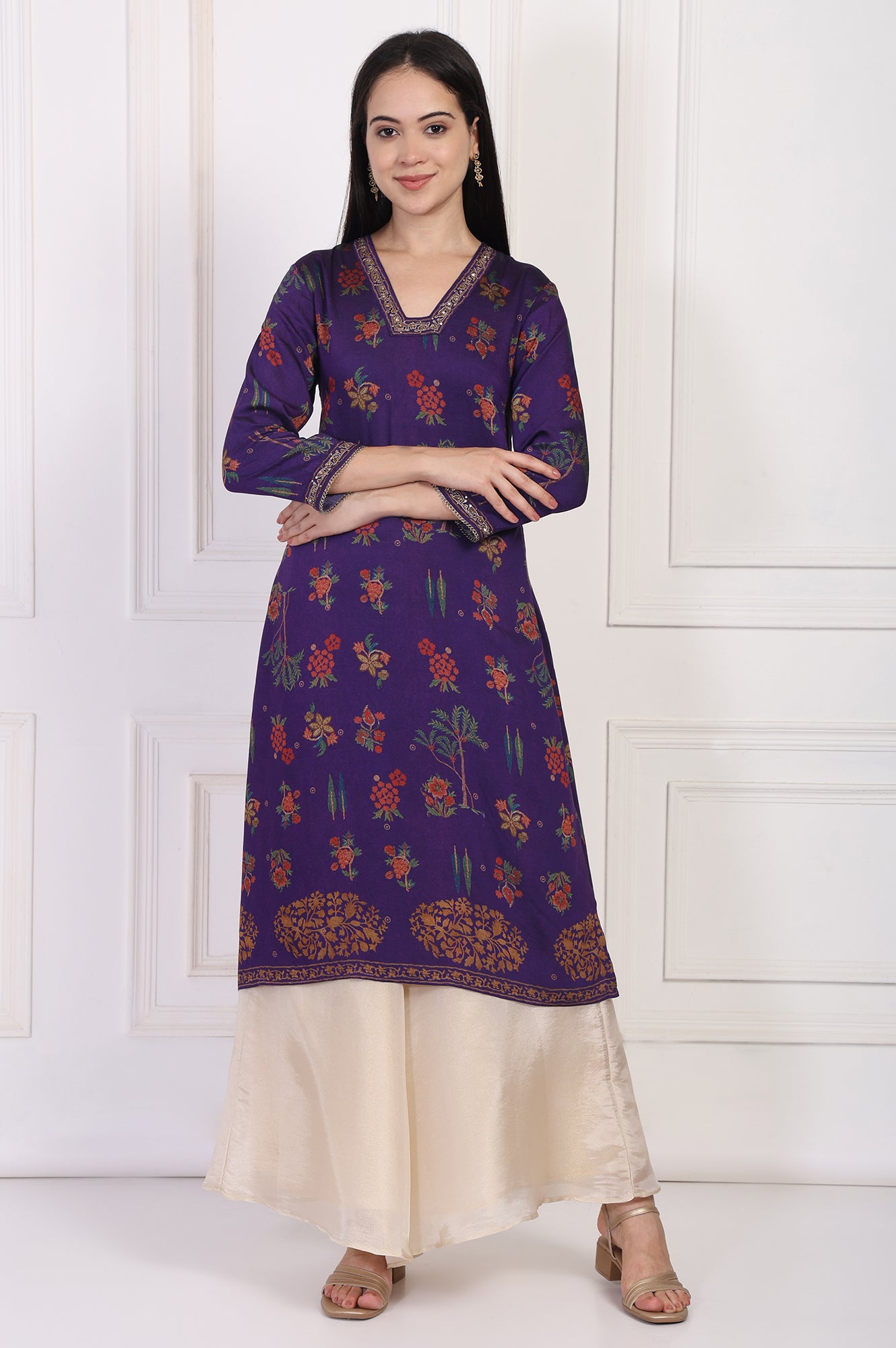 Purple Floral Embroidered Straight Rayon Kurta