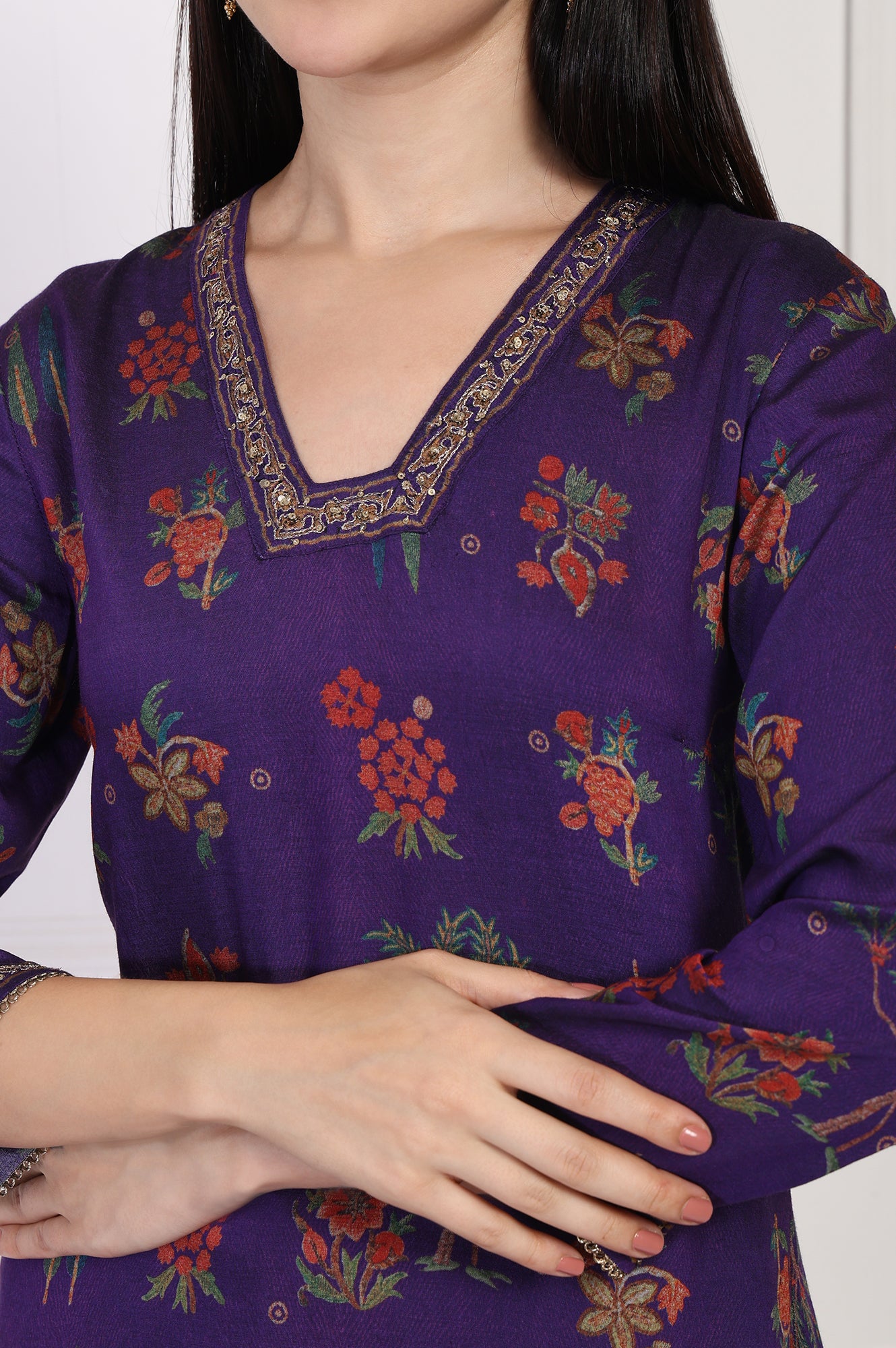 Purple Floral Embroidered Straight Rayon Kurta