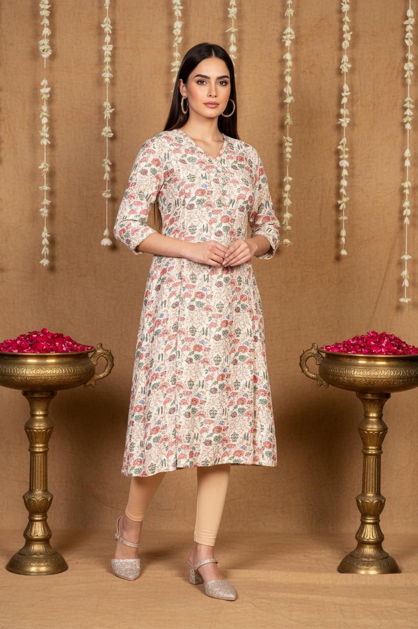 Beige Floral Print Straight Muslin Shimmer Kurta