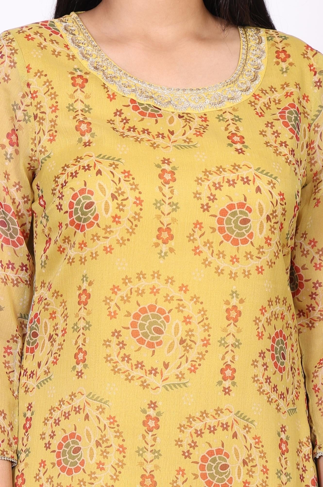Yellow Floral Thread Work A-Line Chiffon Kurta