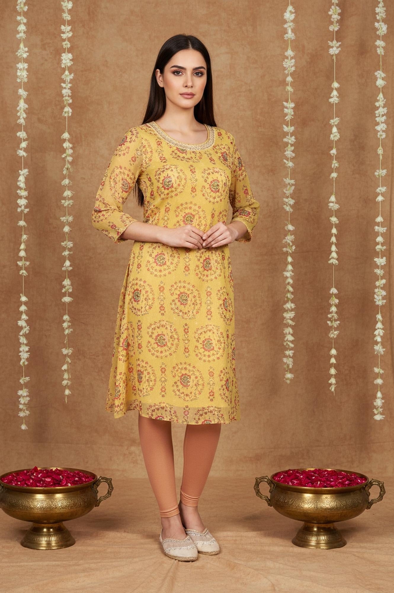 Yellow Floral Thread Work A-Line Chiffon Kurta