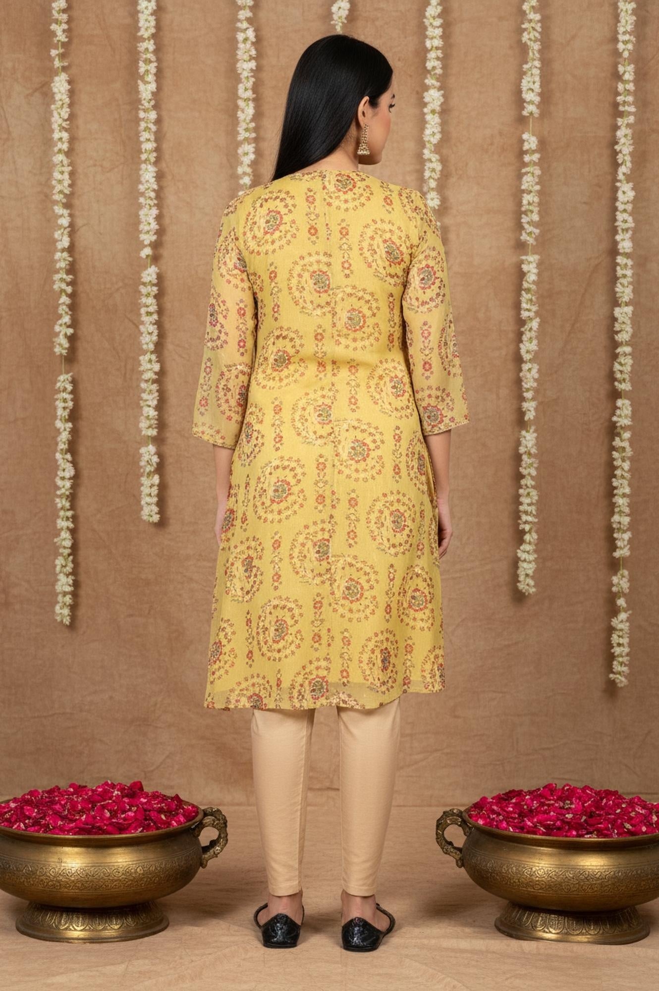 Yellow Floral Thread Work A-Line Chiffon Kurta