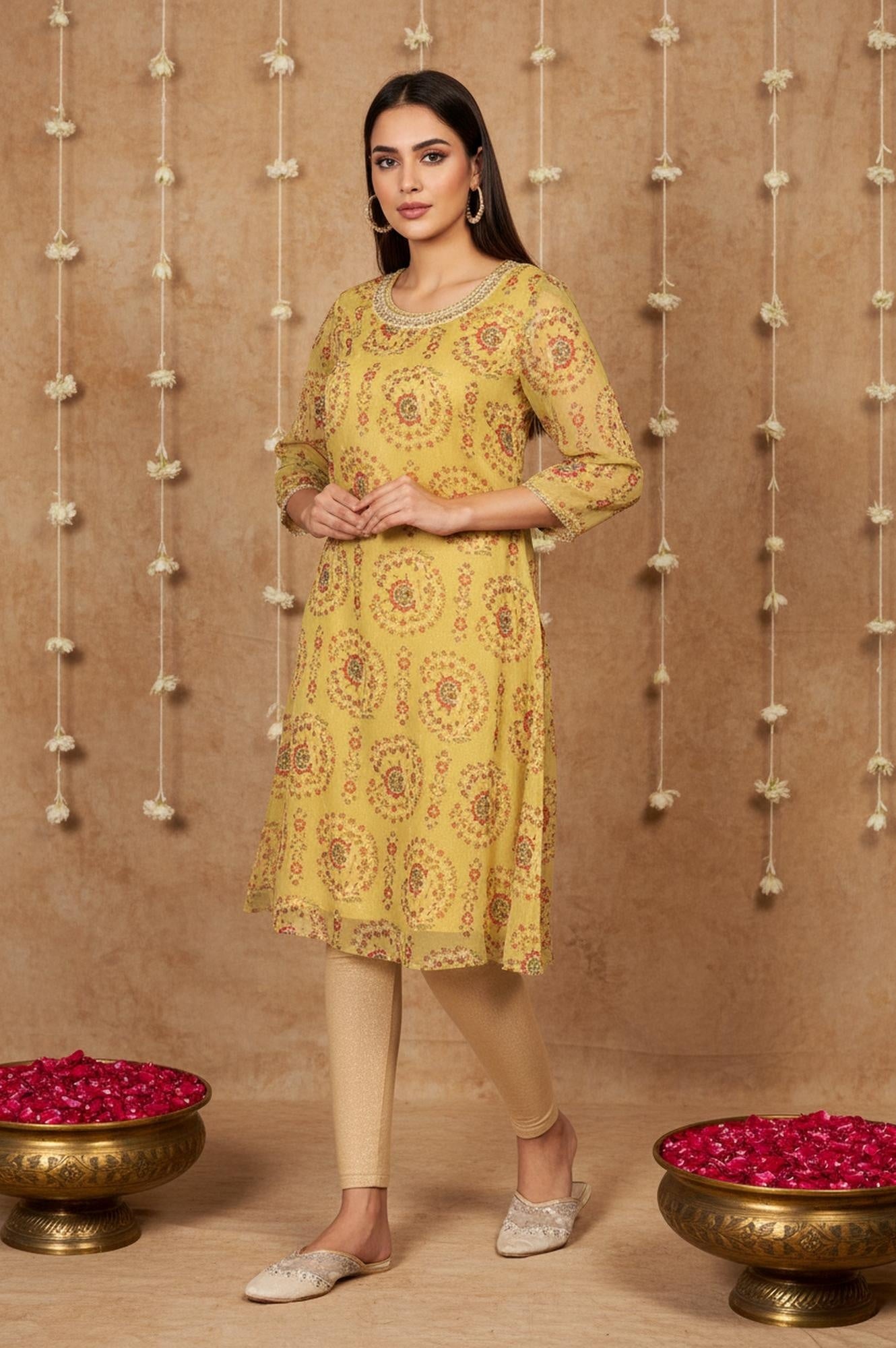 Yellow Floral Thread Work A-Line Chiffon Kurta