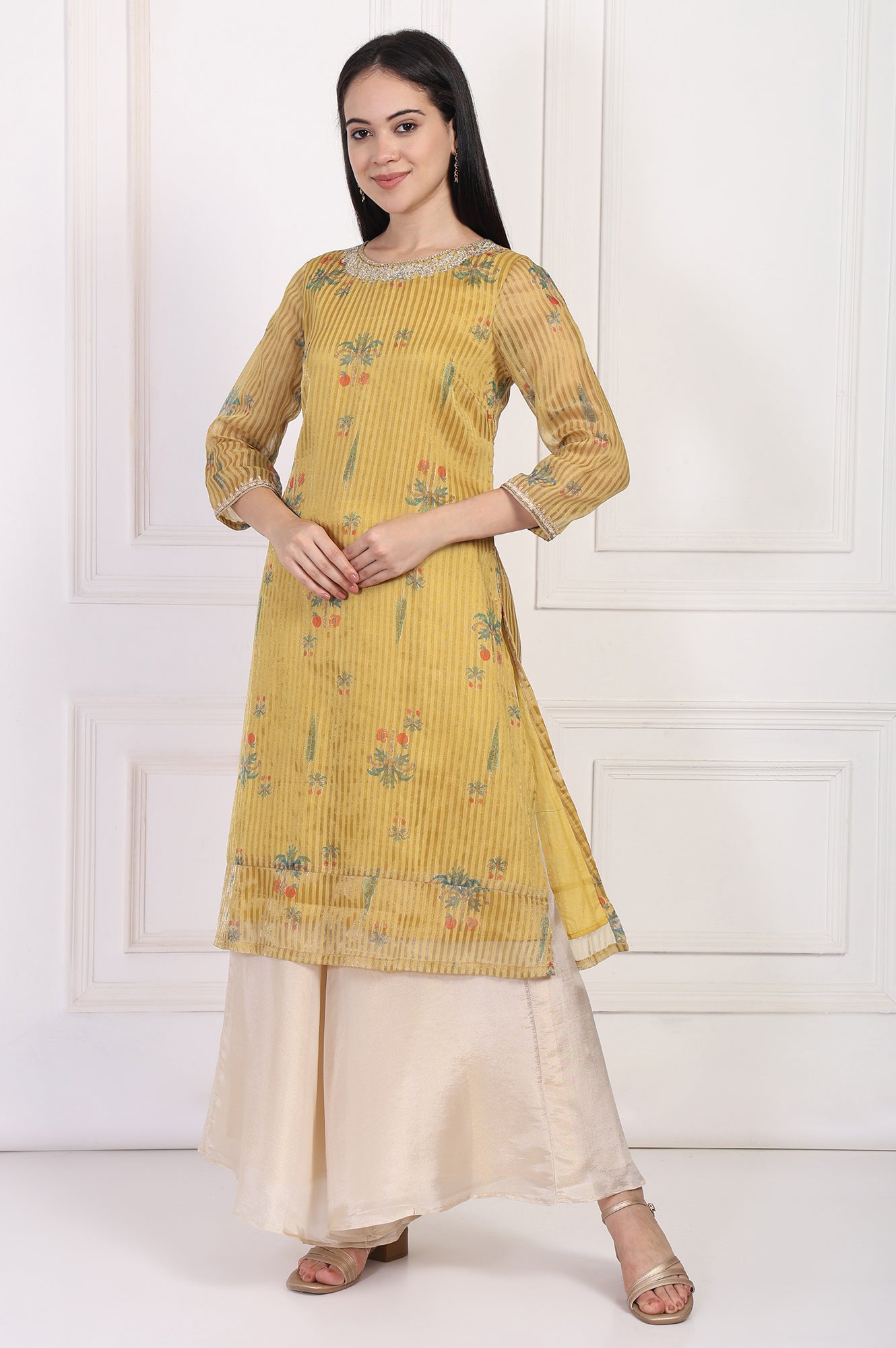 Mustard Striped Floral Printed Embroidered A-Line Kurta