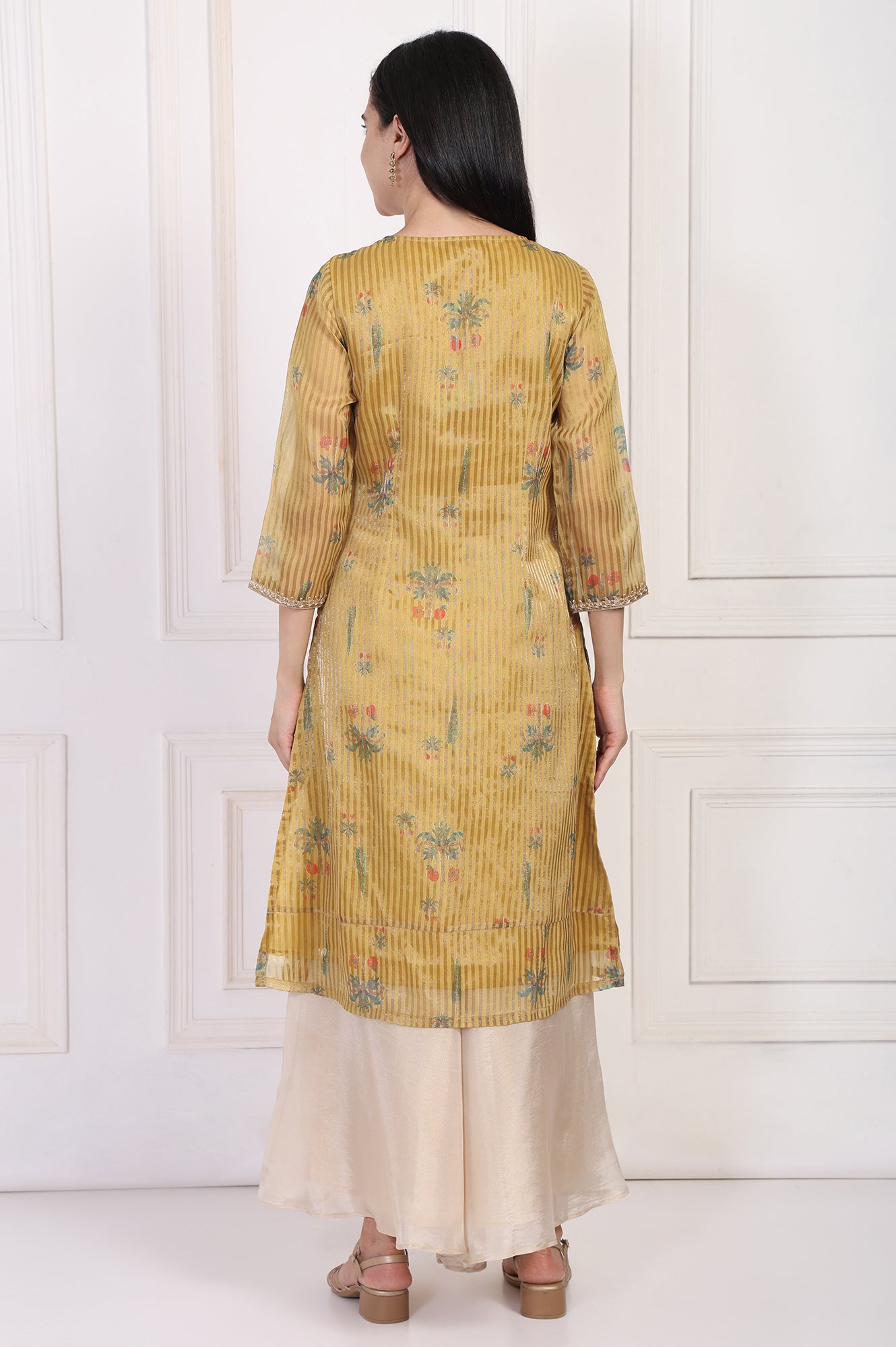 Mustard Striped Floral Printed Embroidered A-Line Kurta