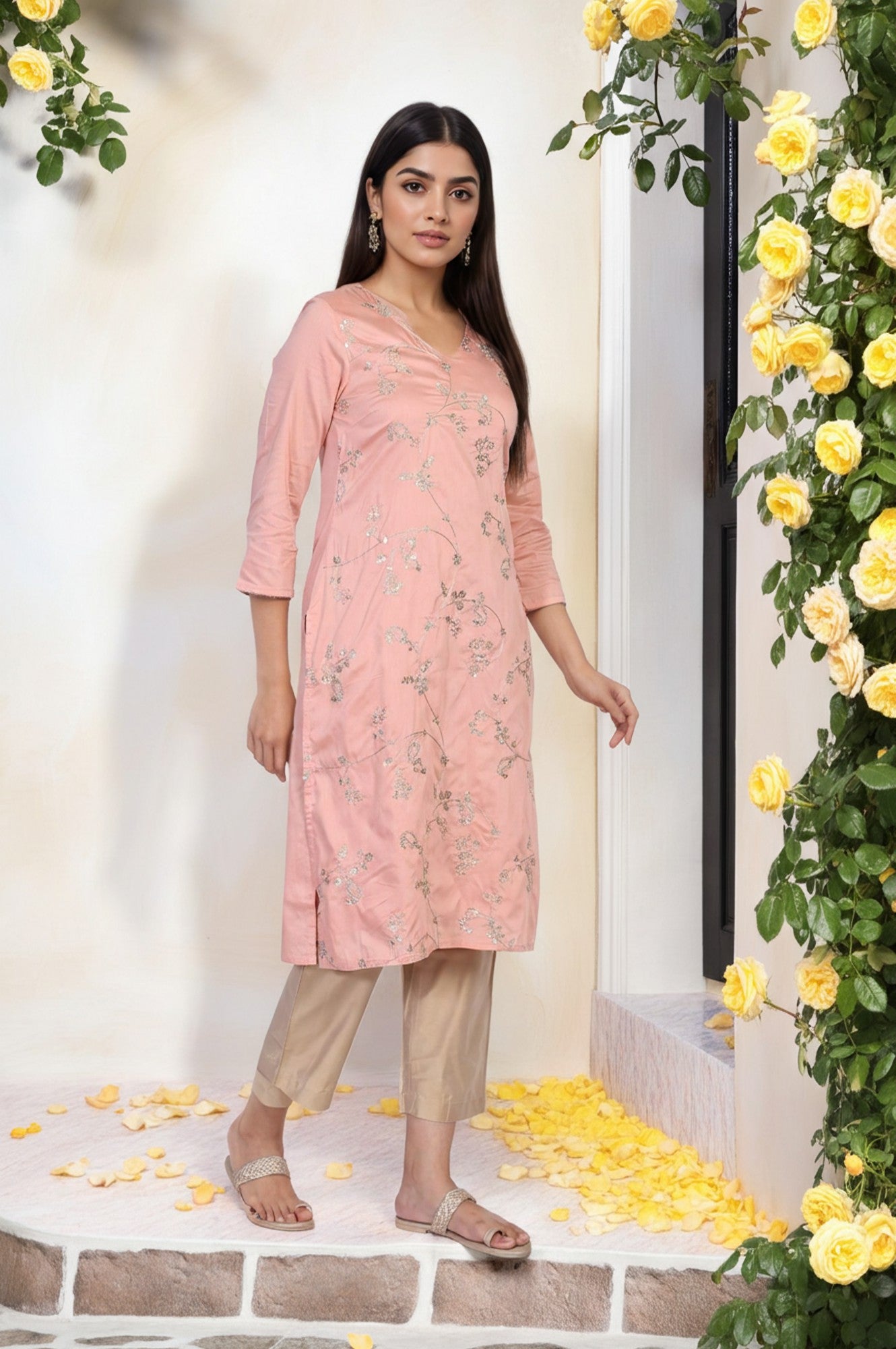 Pink Embroidered Straight Rayon Kurta