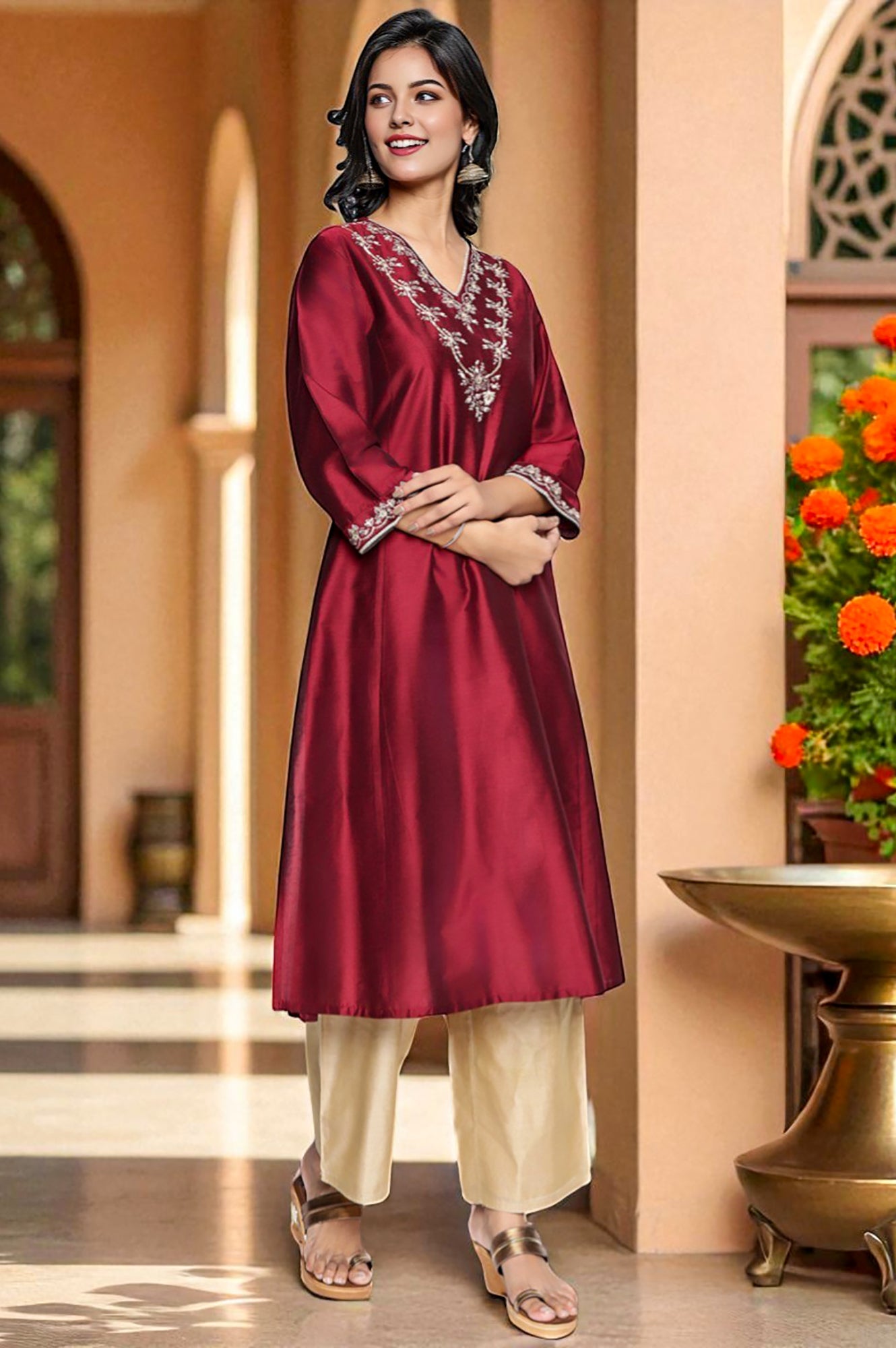 Deep Maroon Solid Printed Flared Kurta