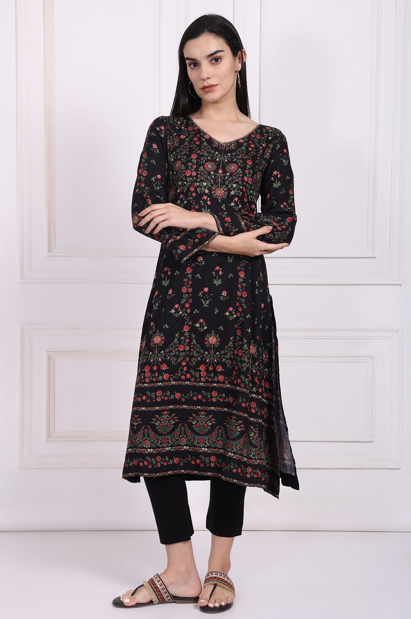 Black Floral Printed Embroidered Straight Kurta