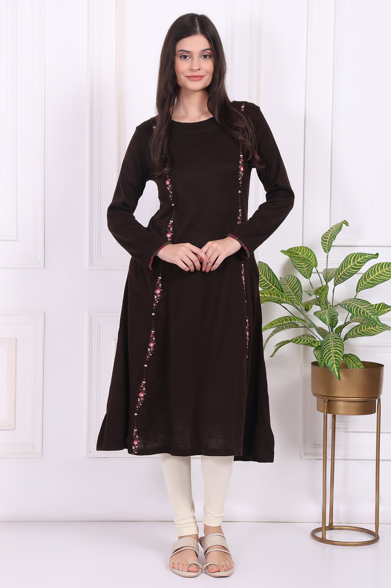 Brown Thread Embroidered Acrylic Flared A-line Kurta