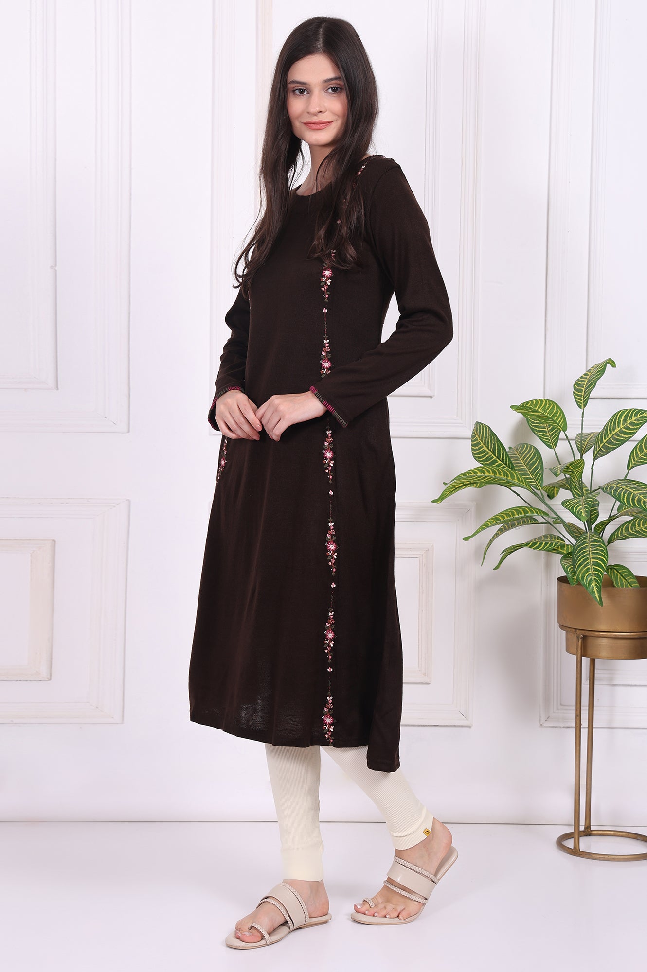 Brown Thread Embroidered Acrylic Flared A-line Kurta