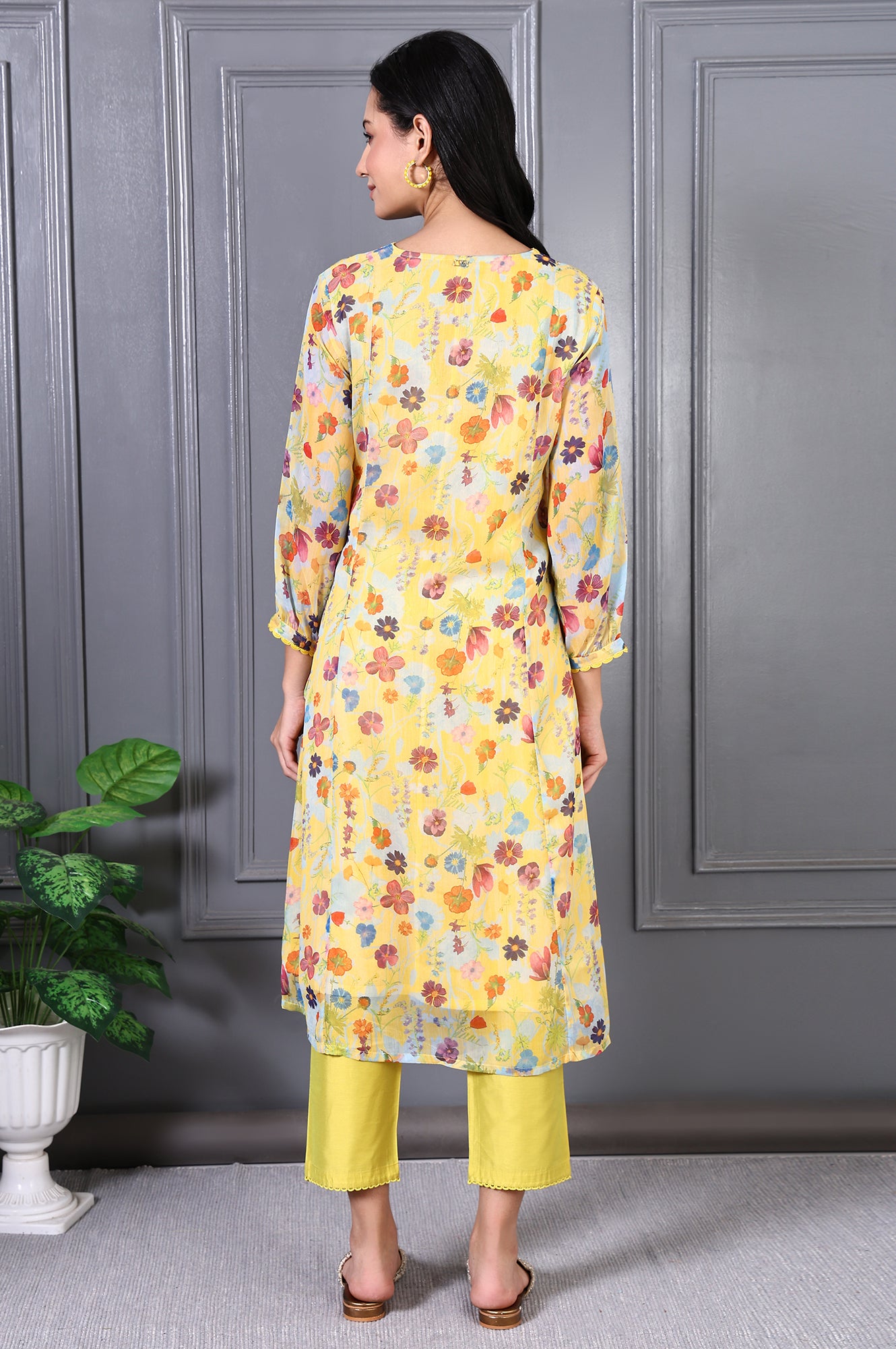 Yellow Floral Printed Lace Chiffon A-line Kurta