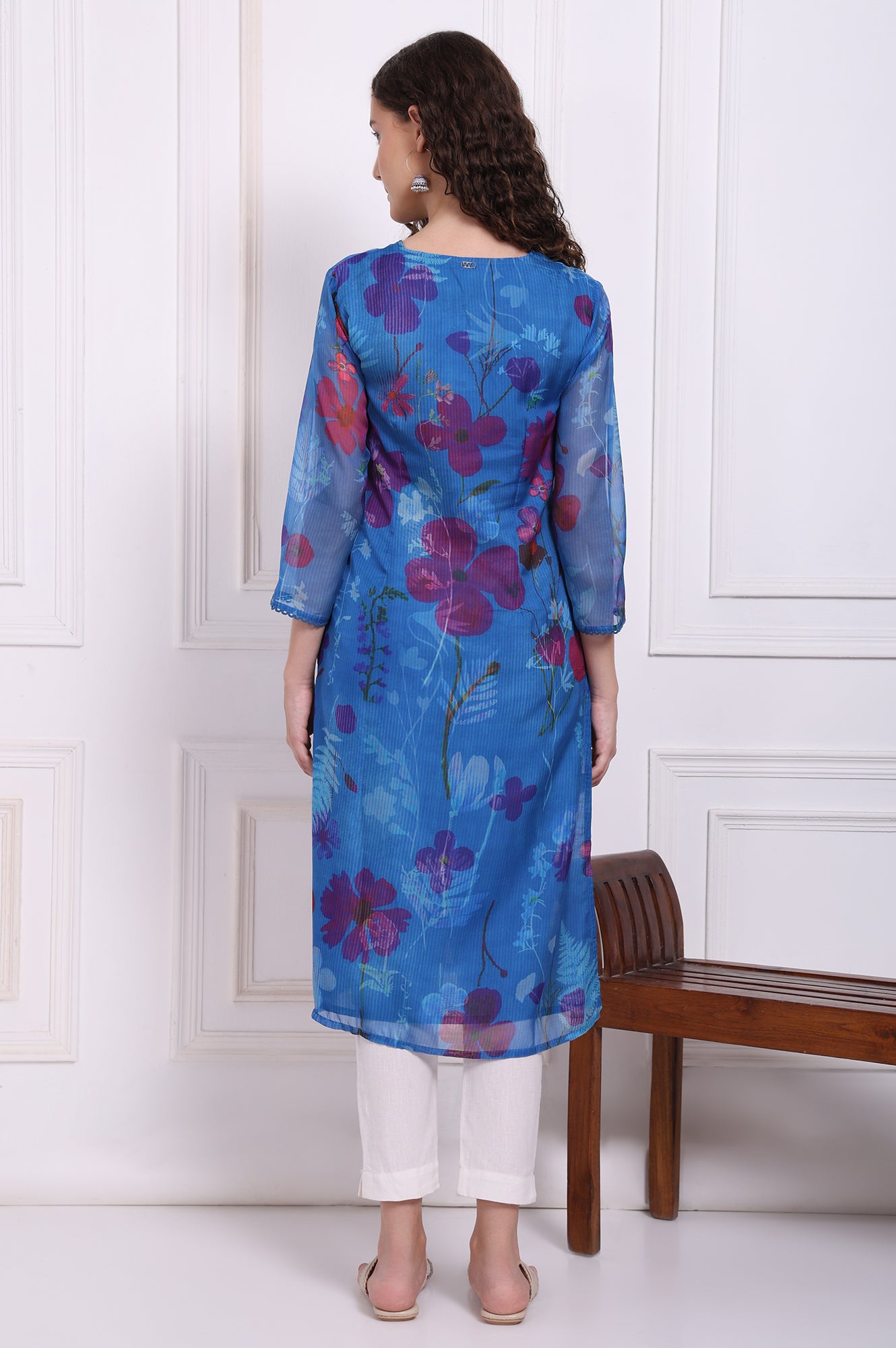 Cobalt Blue Floral Printed Organza Straight Kurta with Lace