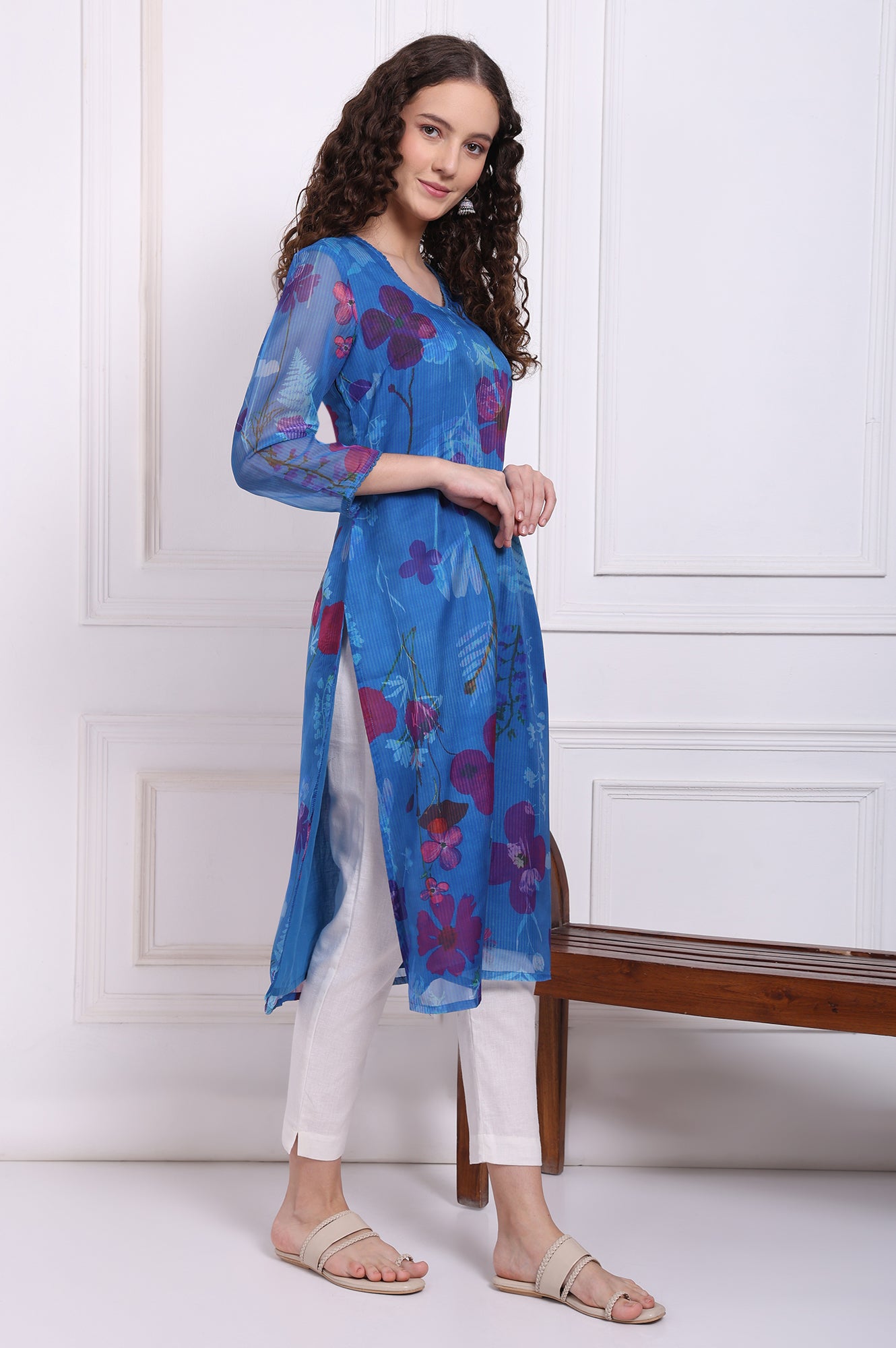 Cobalt Blue Floral Printed Organza Straight Kurta with Lace