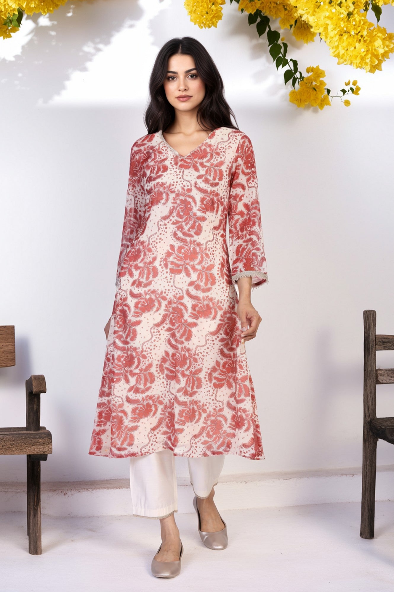 Red Floral Print Lace A-Line Chiffon Kurta