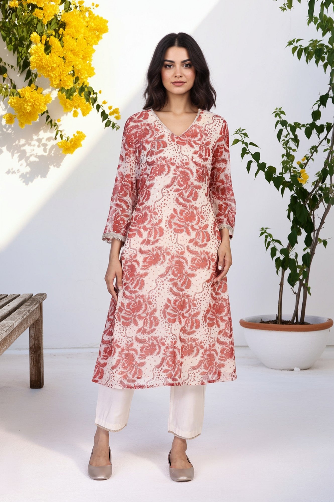 Red Floral Print Lace A-Line Chiffon Kurta