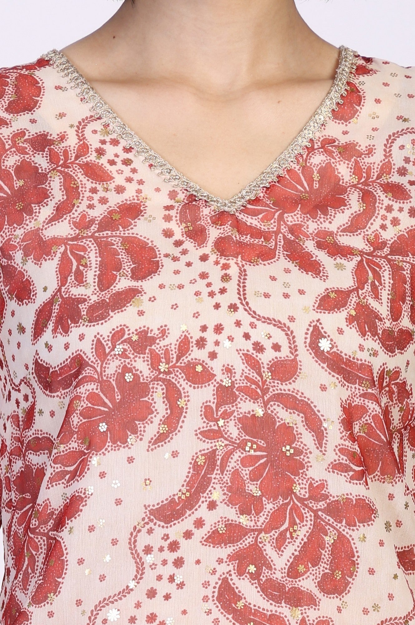 Red Floral Print Lace A-Line Chiffon Kurta