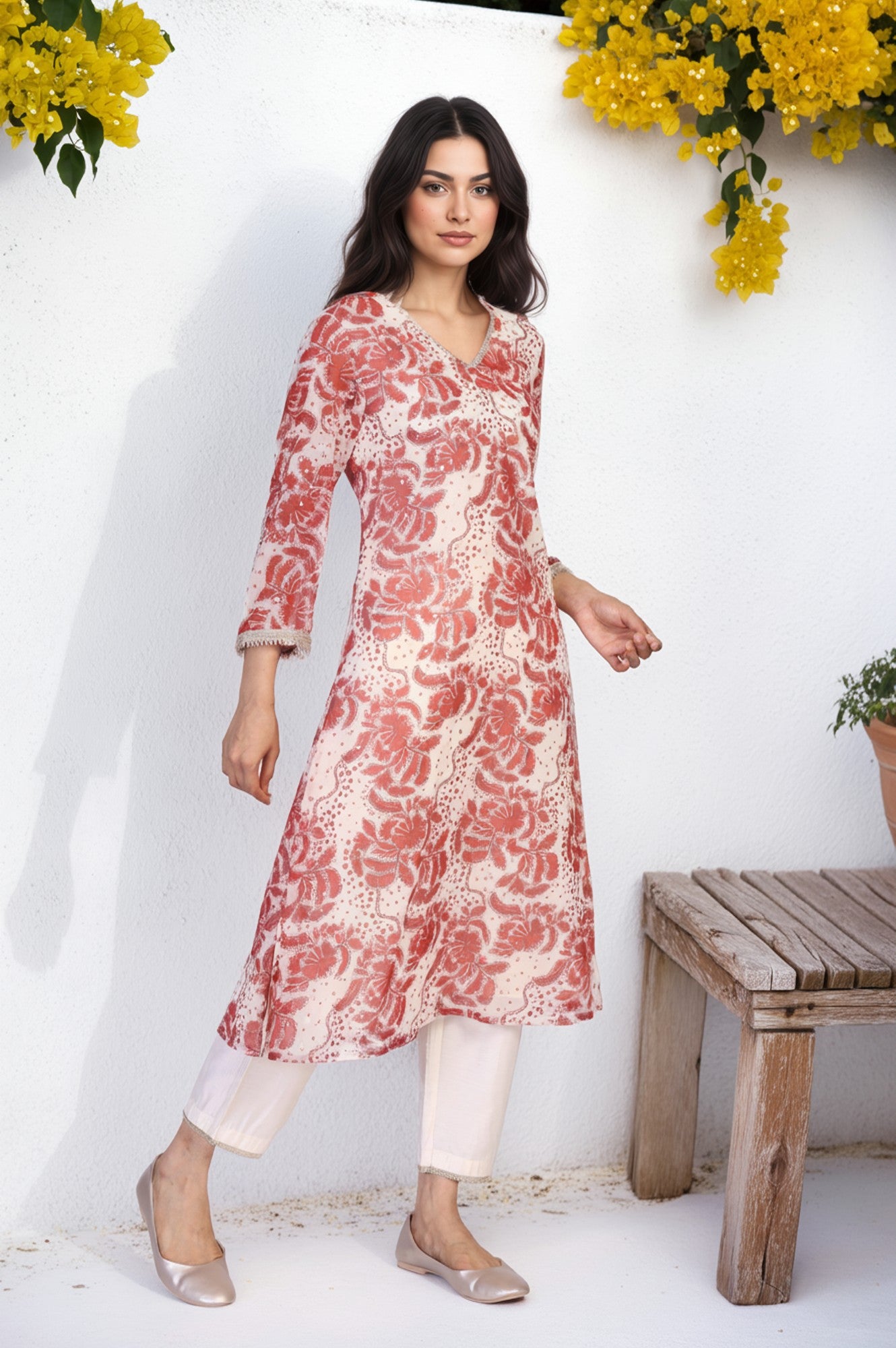Red Floral Print Lace A-Line Chiffon Kurta