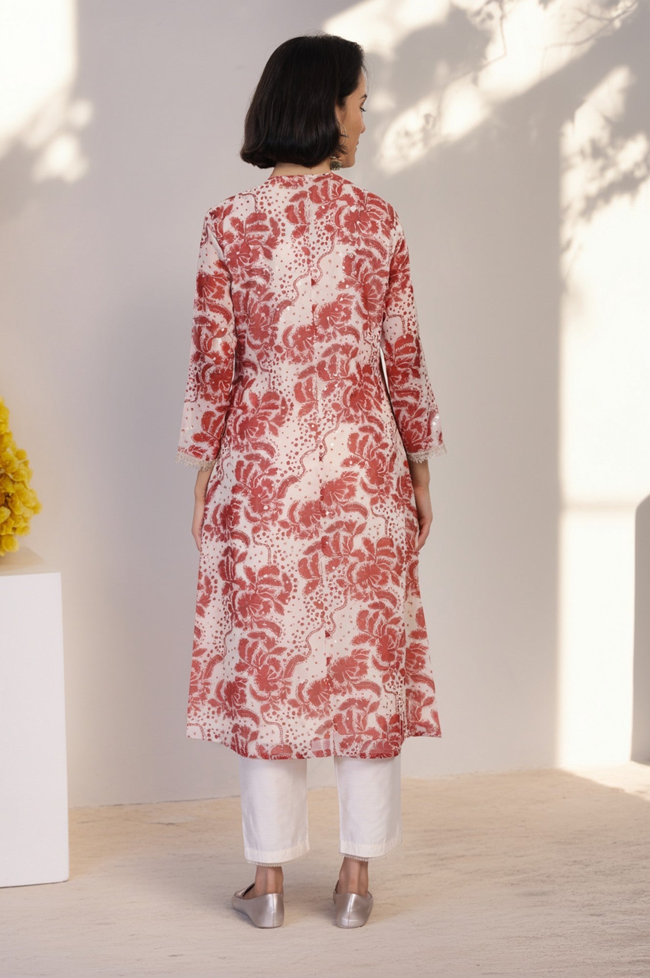 Red Floral Print Lace A-Line Chiffon Kurta