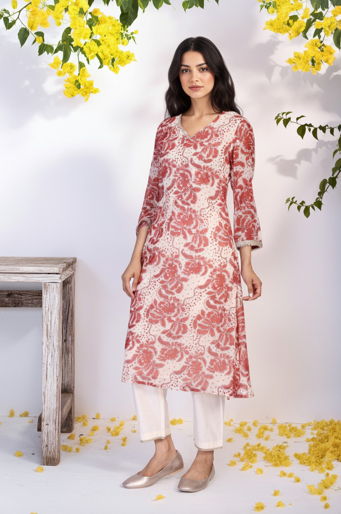 Red Floral Print Lace A-Line Chiffon Kurta