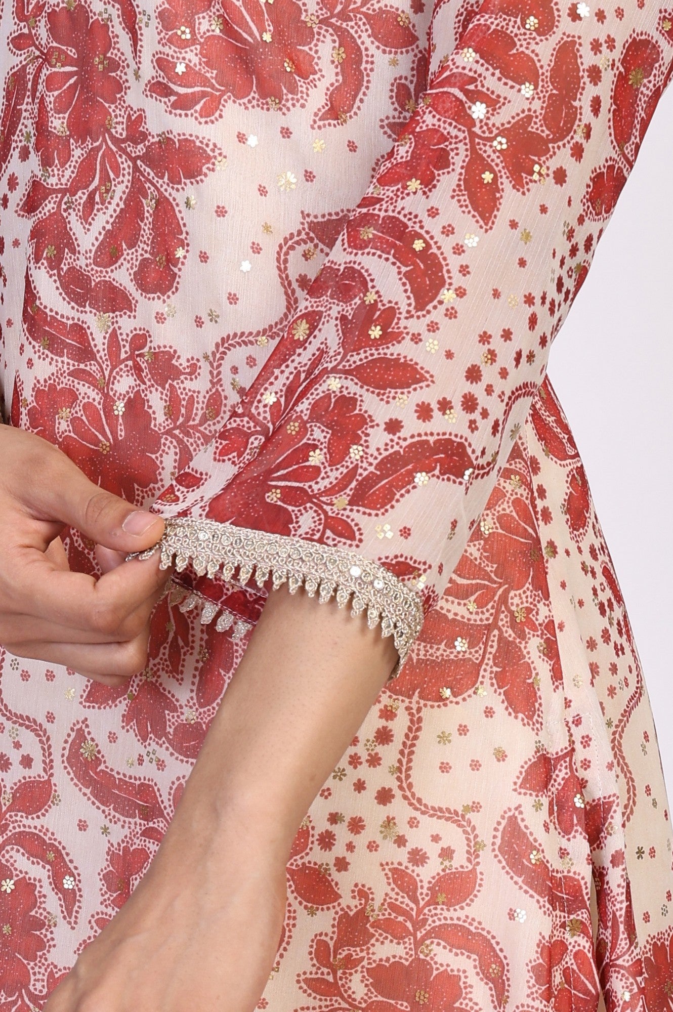 Red Floral Print Lace A-Line Chiffon Kurta