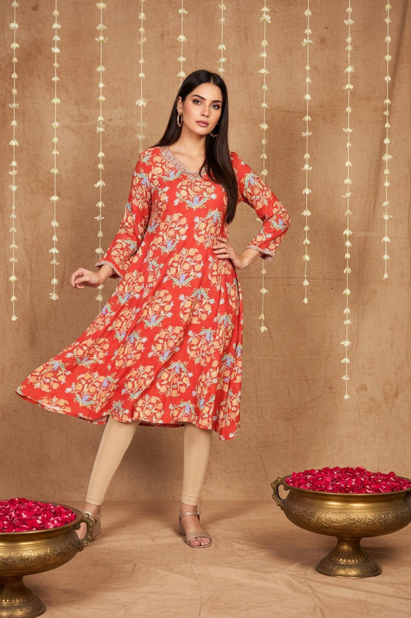 Red Floral Embroidered Flared Rayon Kurta
