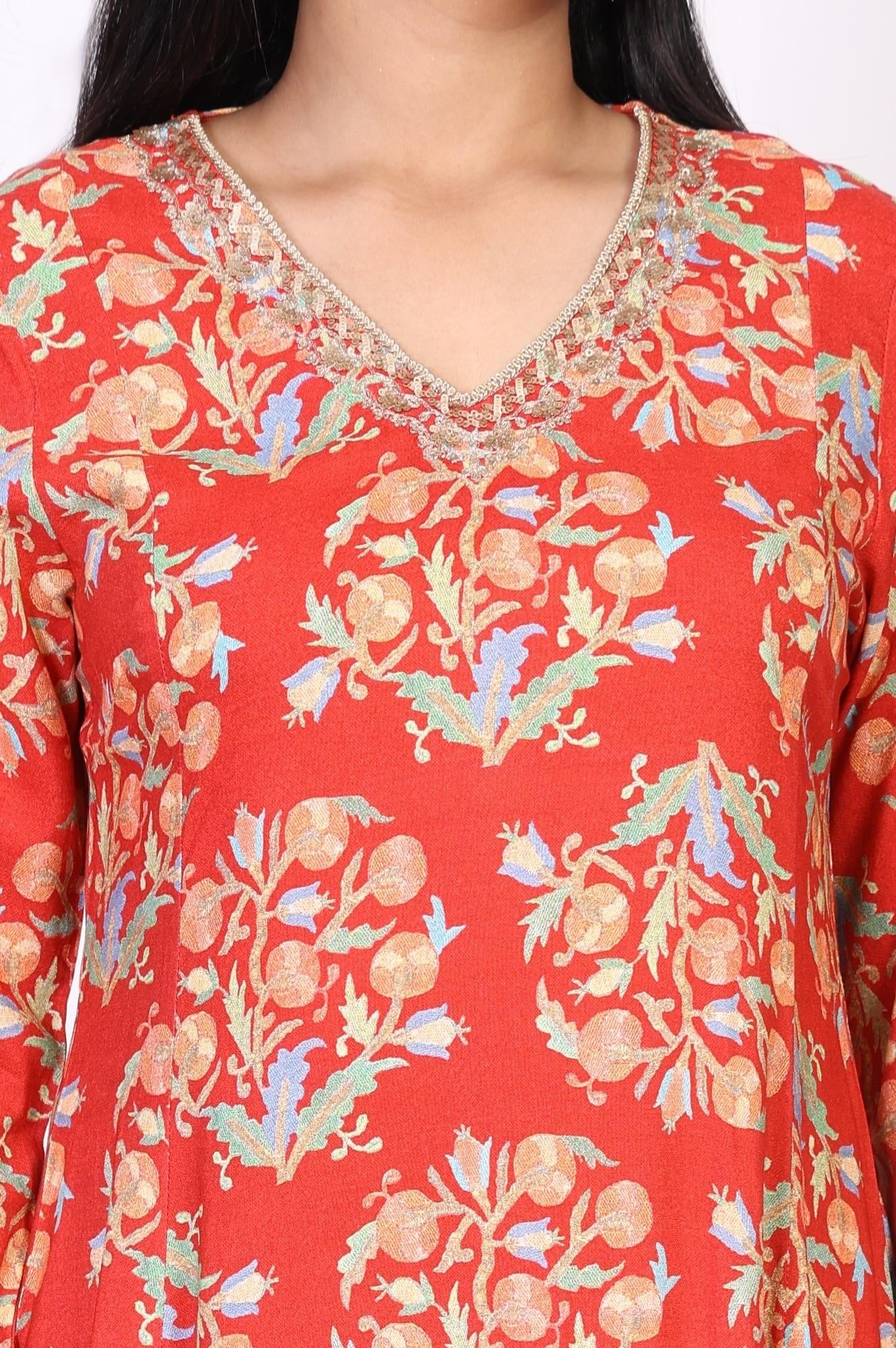 Red Floral Embroidered Flared Rayon Kurta