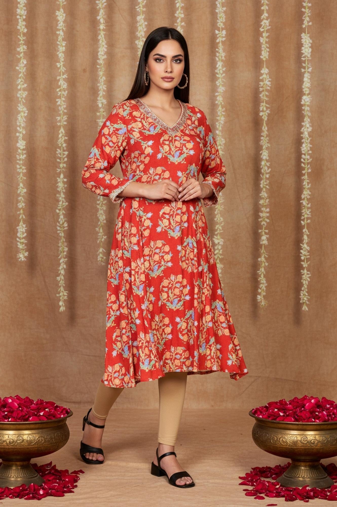 Red Floral Embroidered Flared Rayon Kurta
