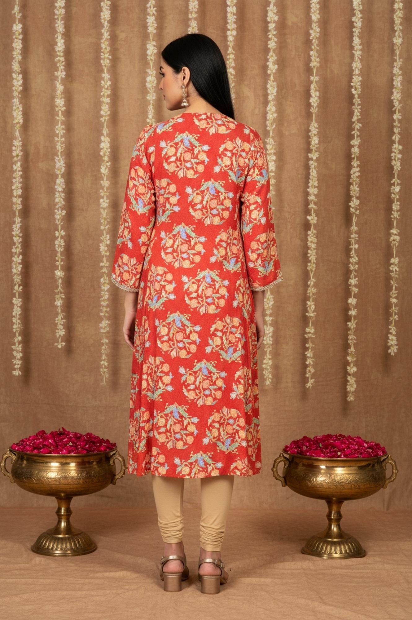 Red Floral Embroidered Flared Rayon Kurta