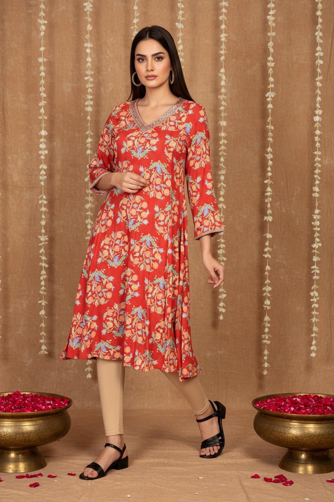 Red Floral Embroidered Flared Rayon Kurta