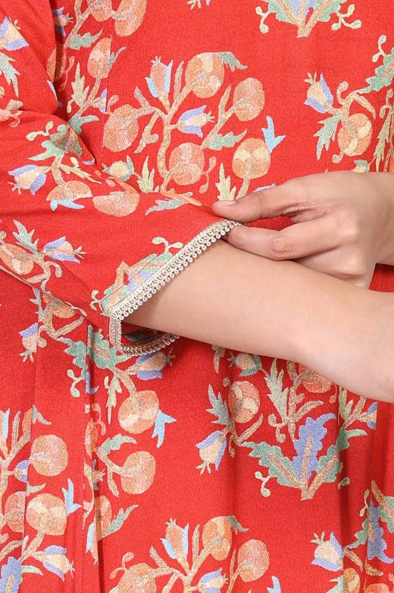 Red Floral Embroidered Flared Rayon Kurta