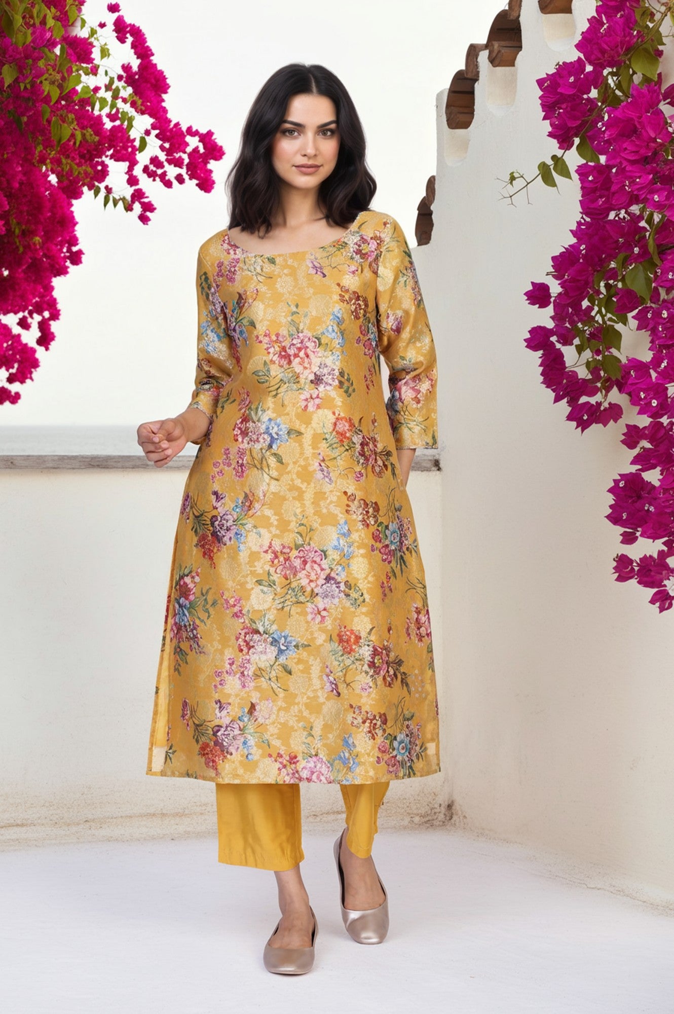 Yellow Floral Print Tape Straight Jacquard Kurta