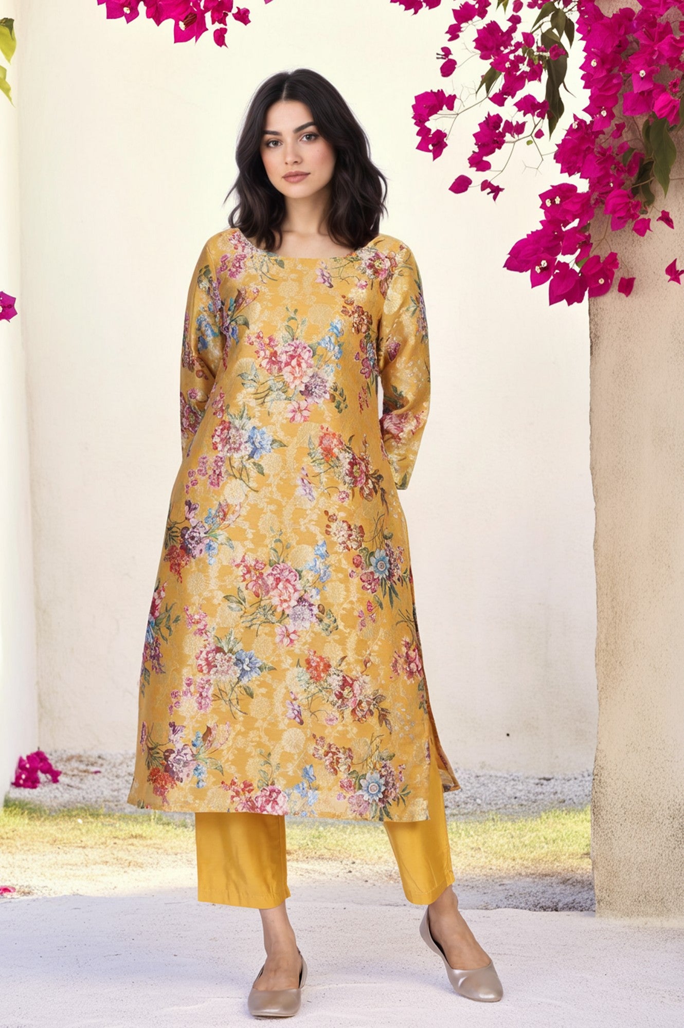 Yellow Floral Print Tape Straight Jacquard Kurta
