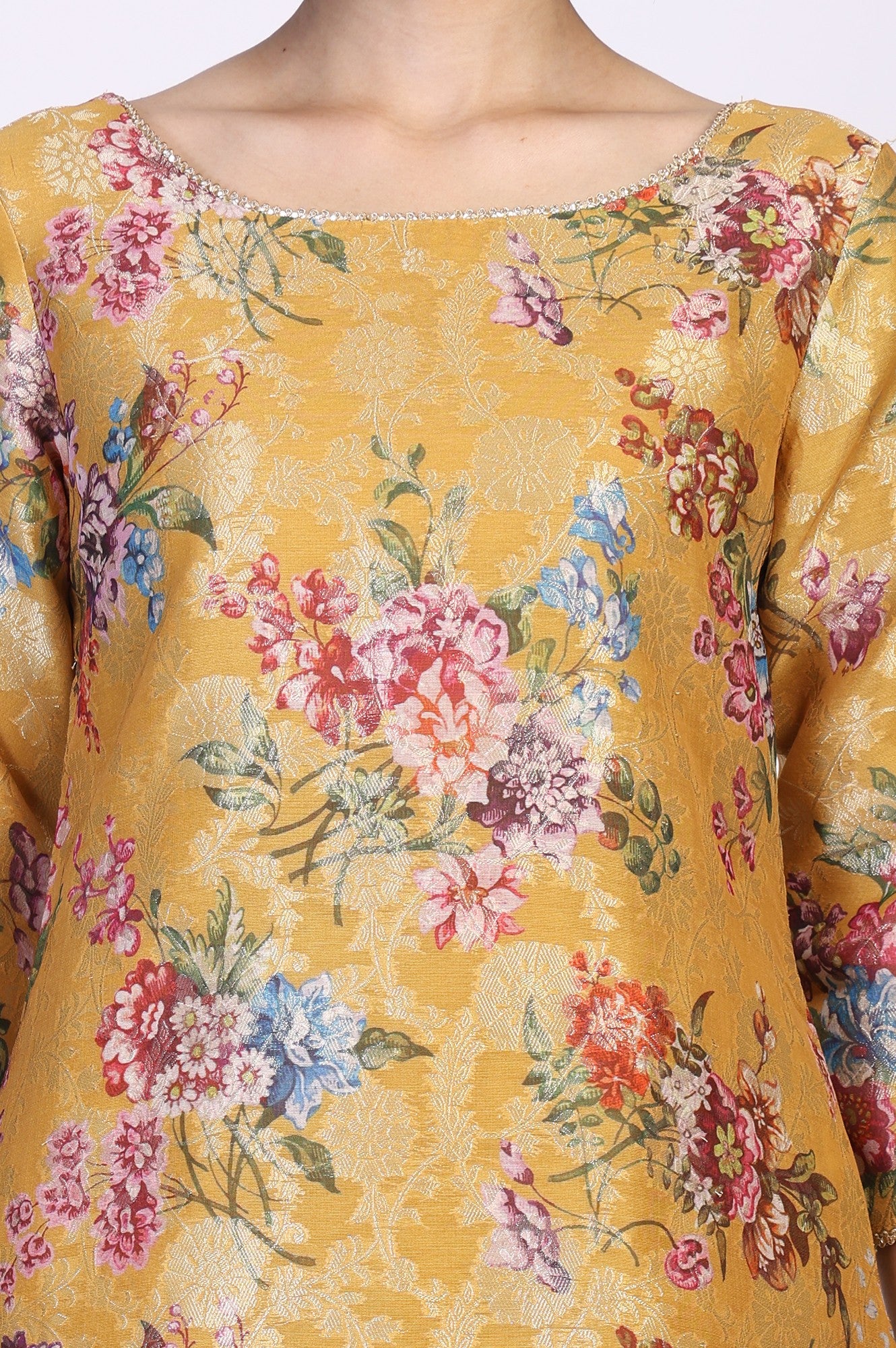 Yellow Floral Print Tape Straight Jacquard Kurta