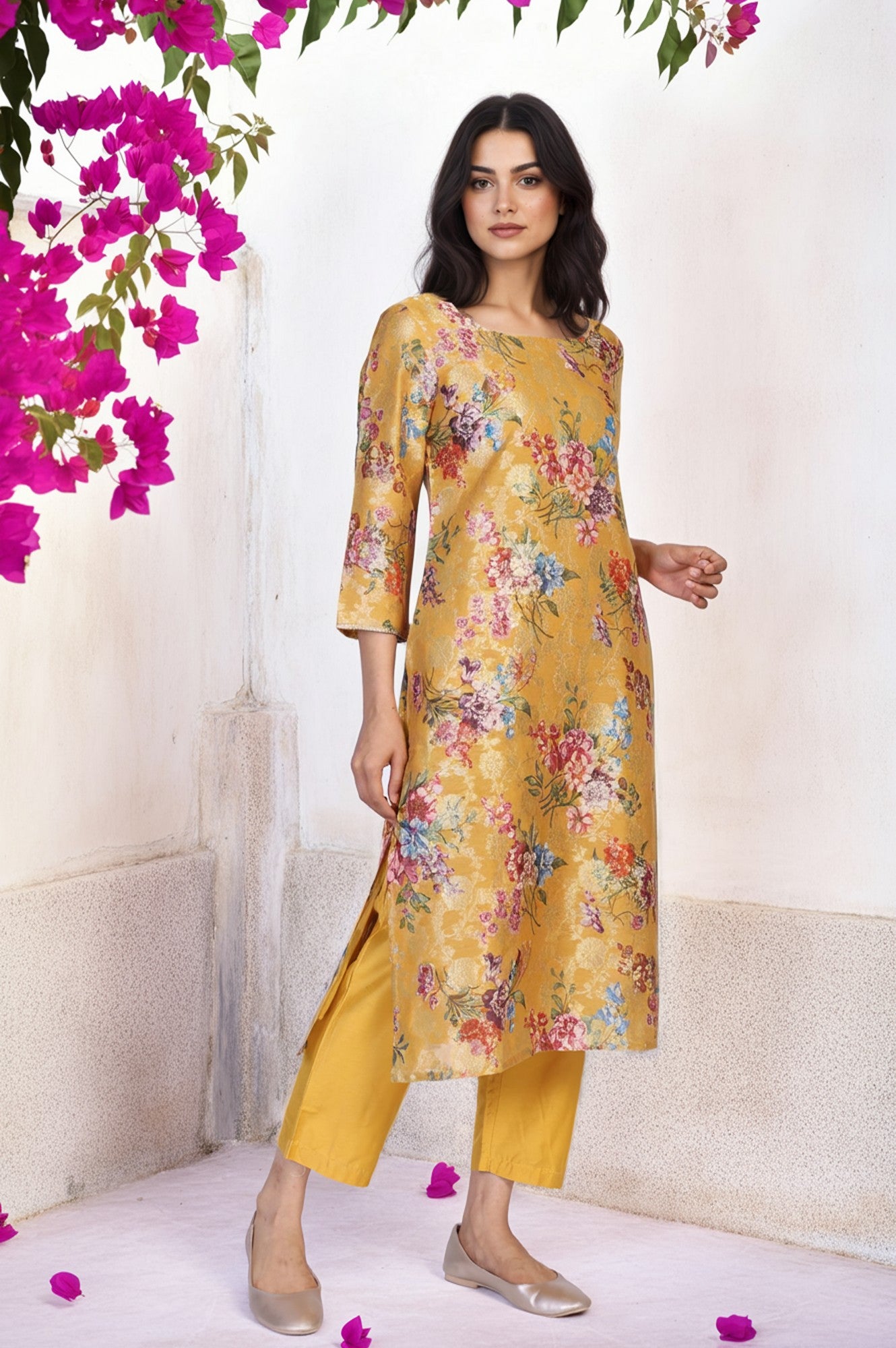 Yellow Floral Print Tape Straight Jacquard Kurta