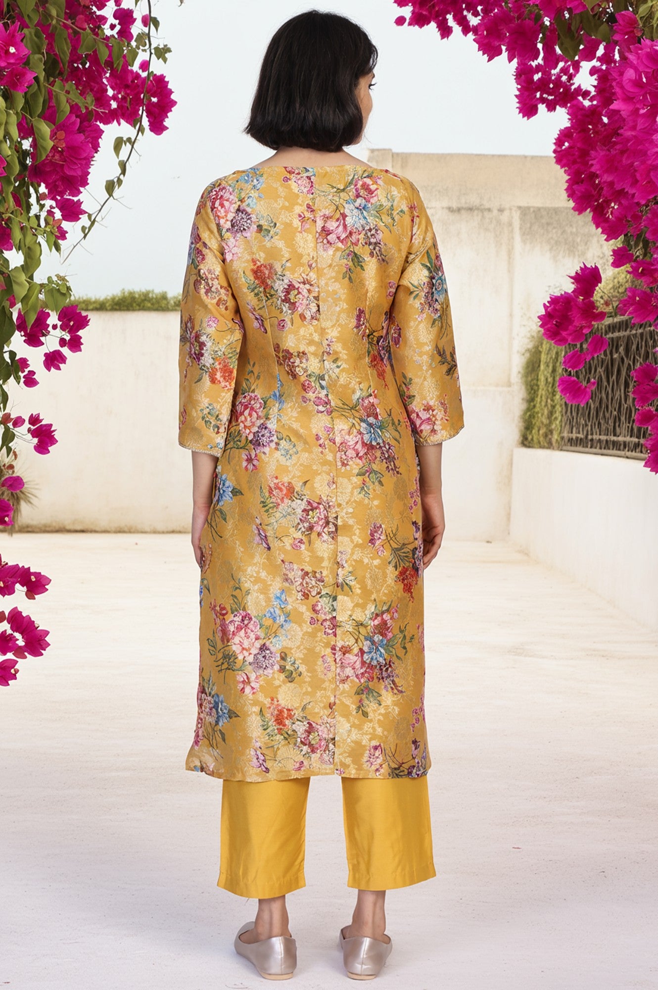 Yellow Floral Print Tape Straight Jacquard Kurta