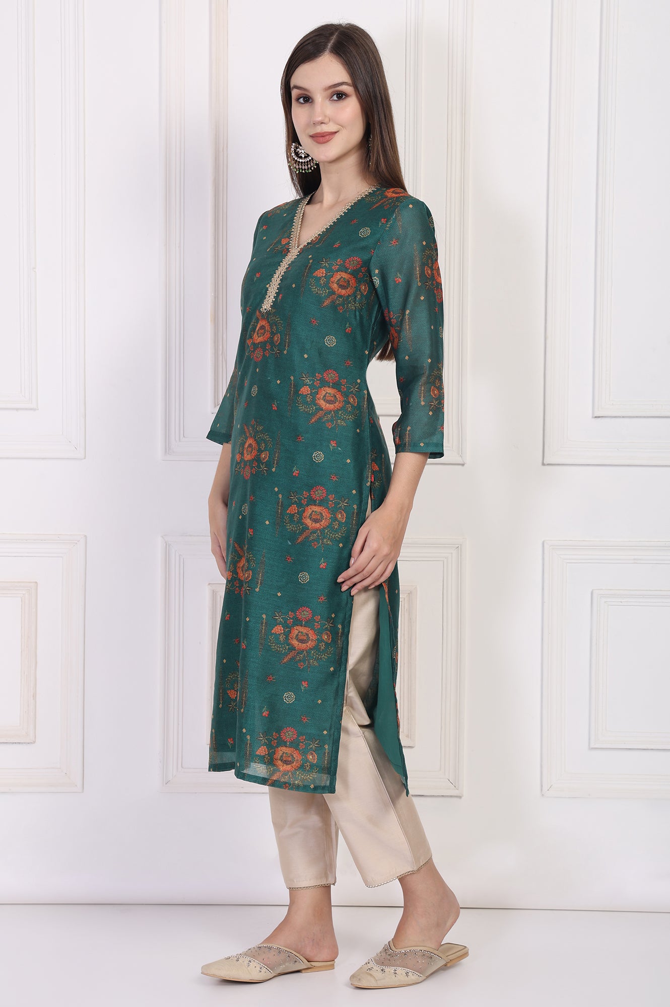 Teal Floral Printed Embellished Straight Silk Kurta
