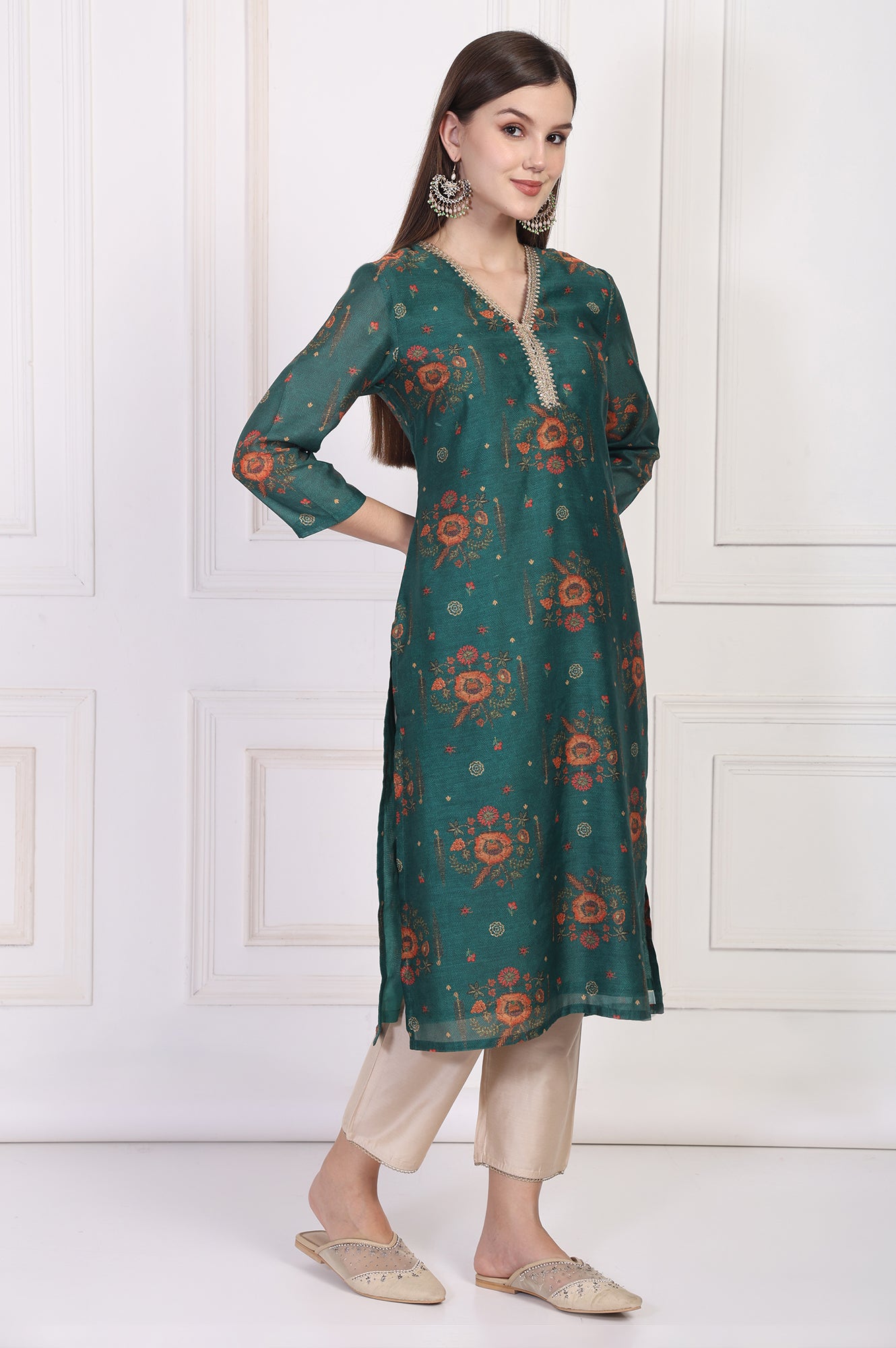 Teal Floral Printed Embellished Straight Silk Kurta