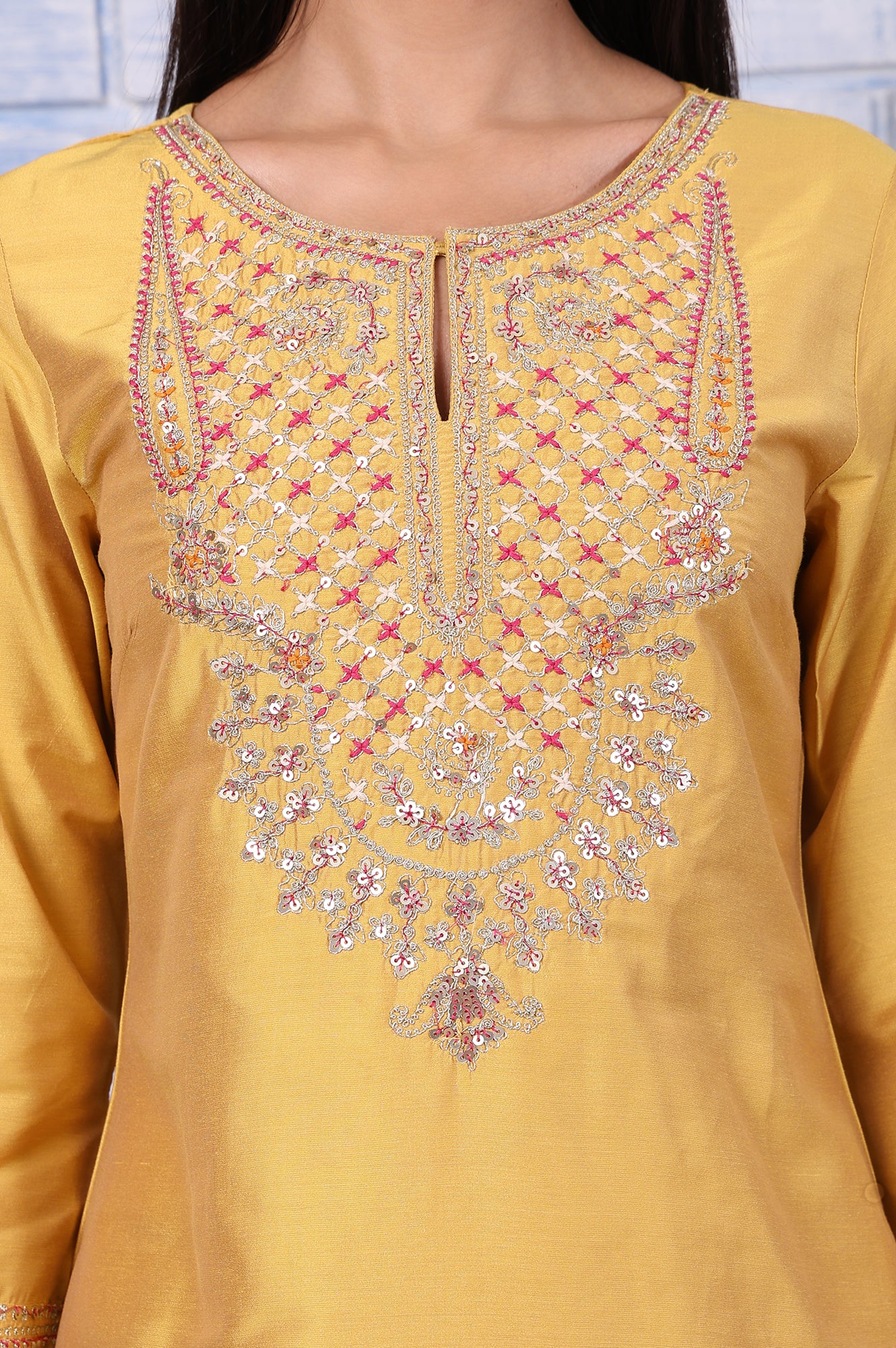 Yellow Metallic Embroidered Straight Kurta