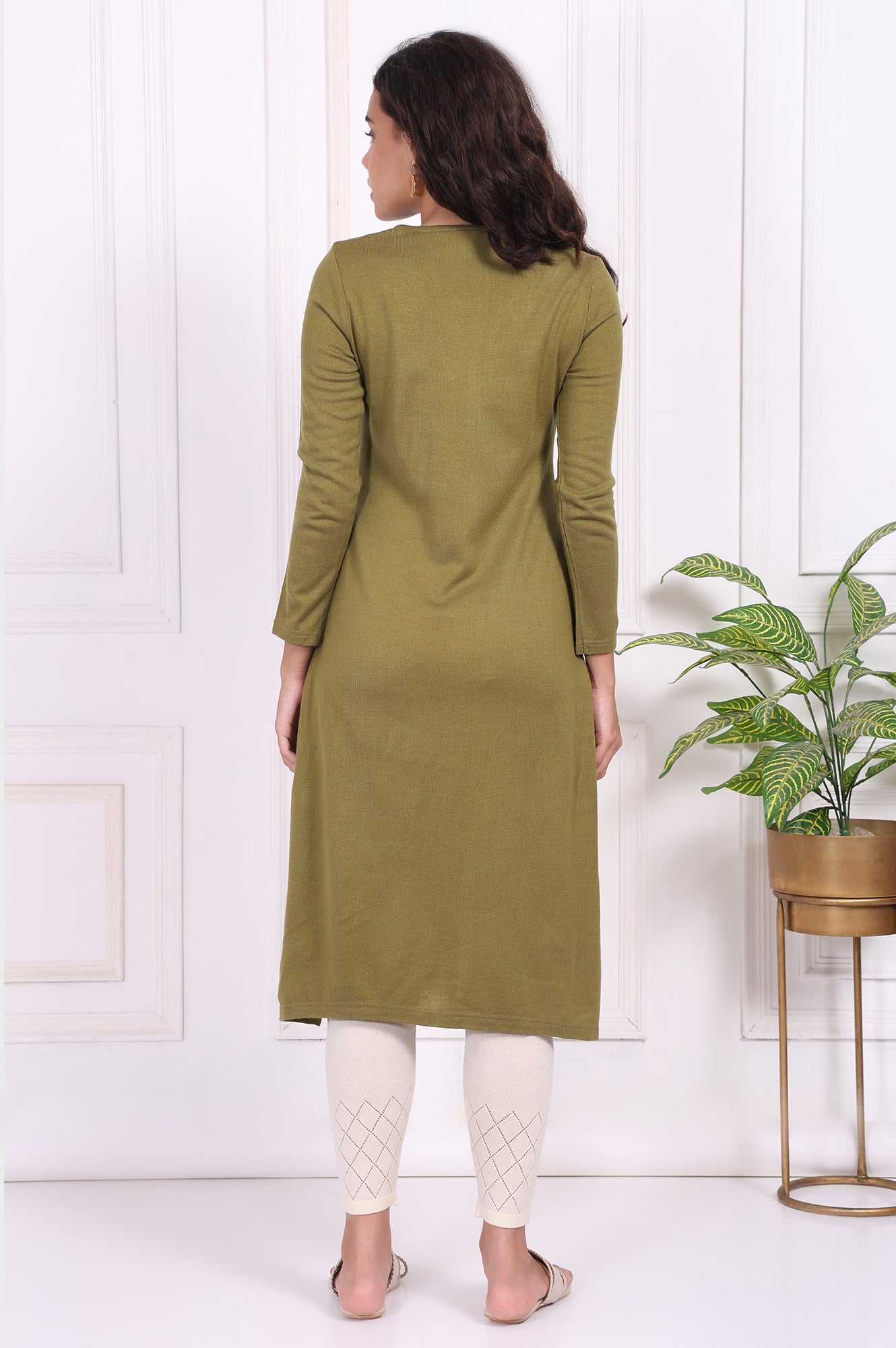 Olive Embroidered Floral Straight Acrylic Kurta