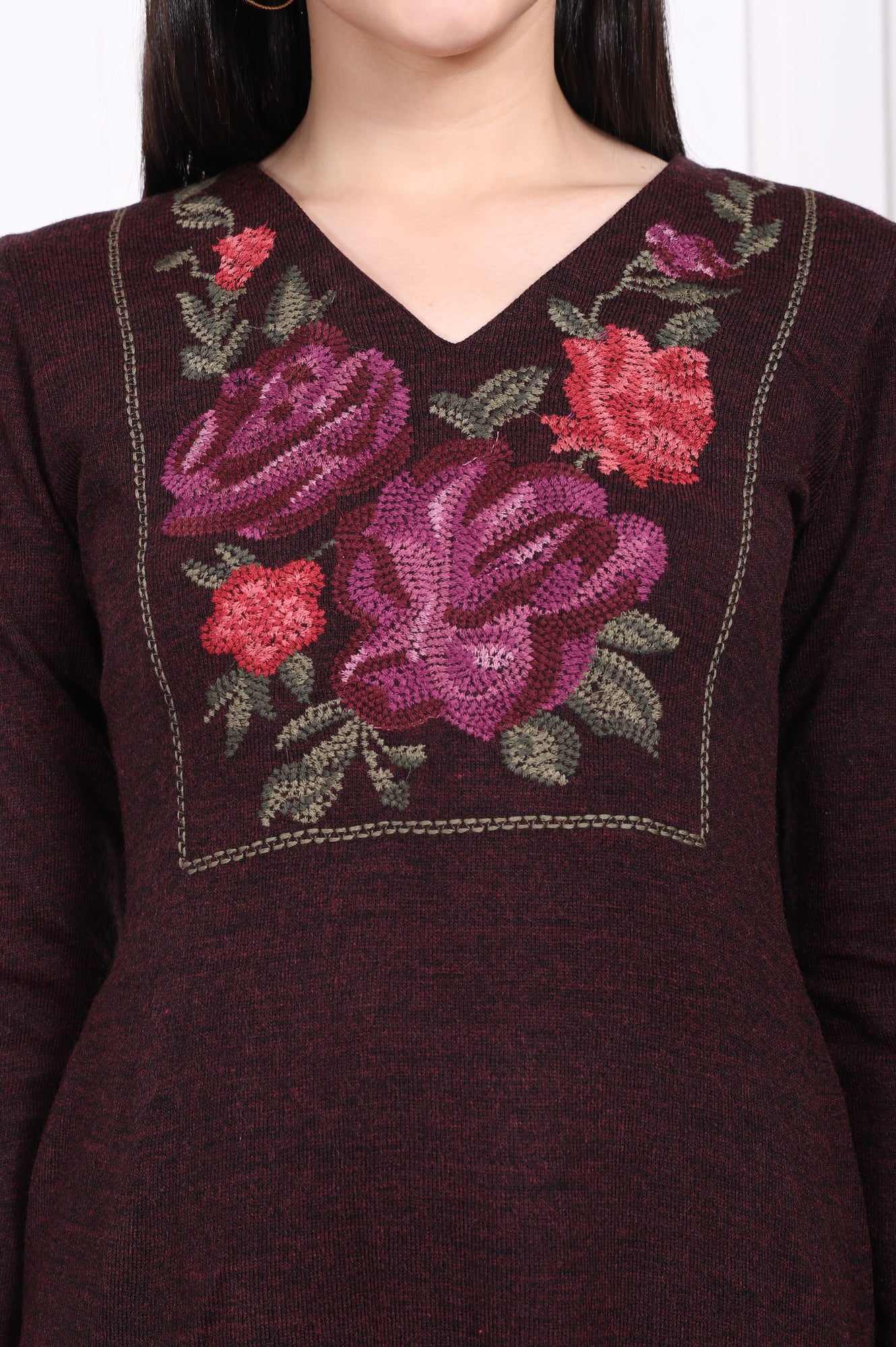 Maroon Embroidered Straight Acrylic Winter Kurta