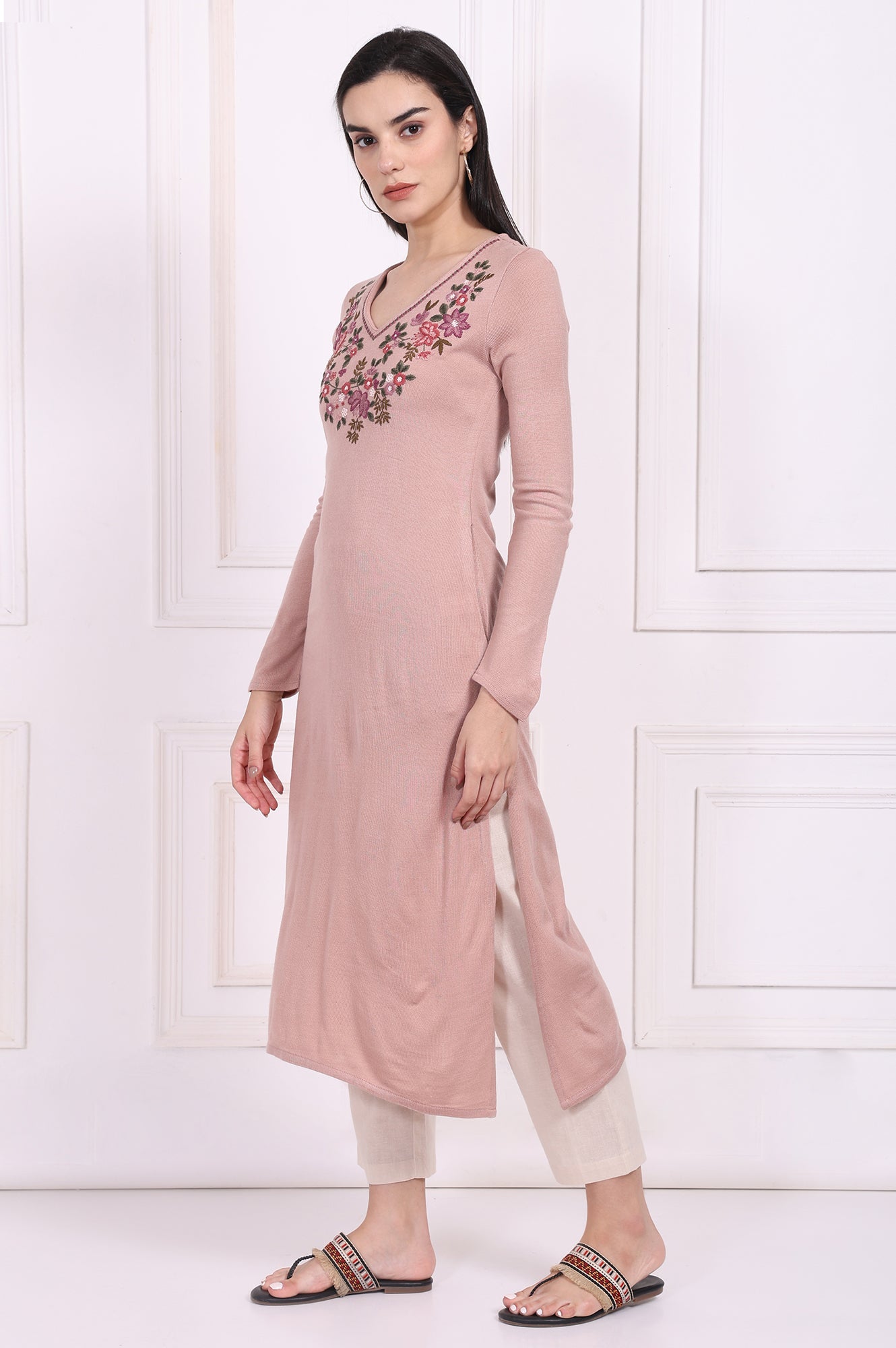 Pink Embroidered Straight Acrylic Winter Kurta