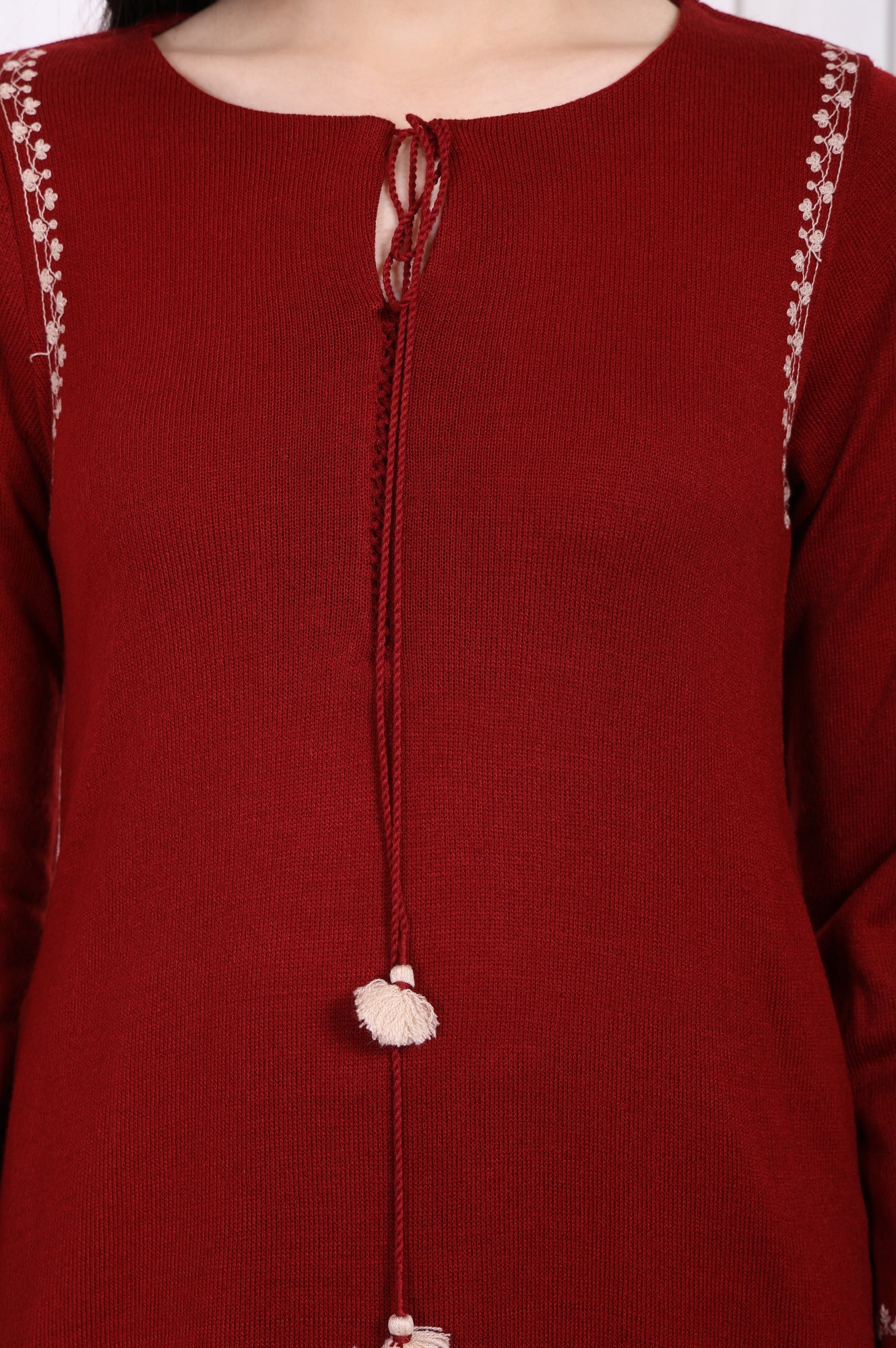 Maroon Embroidered Straight Acrylic Winter Kurta
