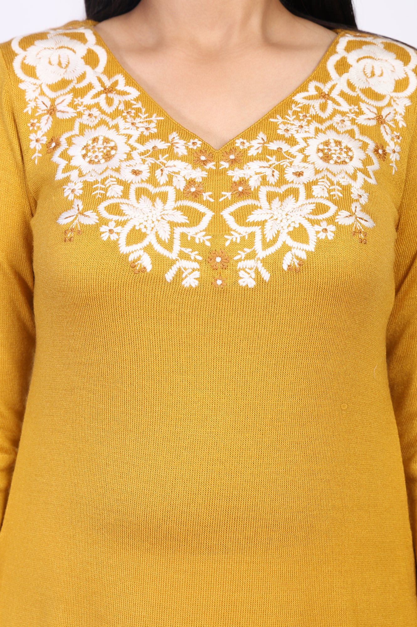Mustard Embroidered A-Line Acrylic Winter Kurta