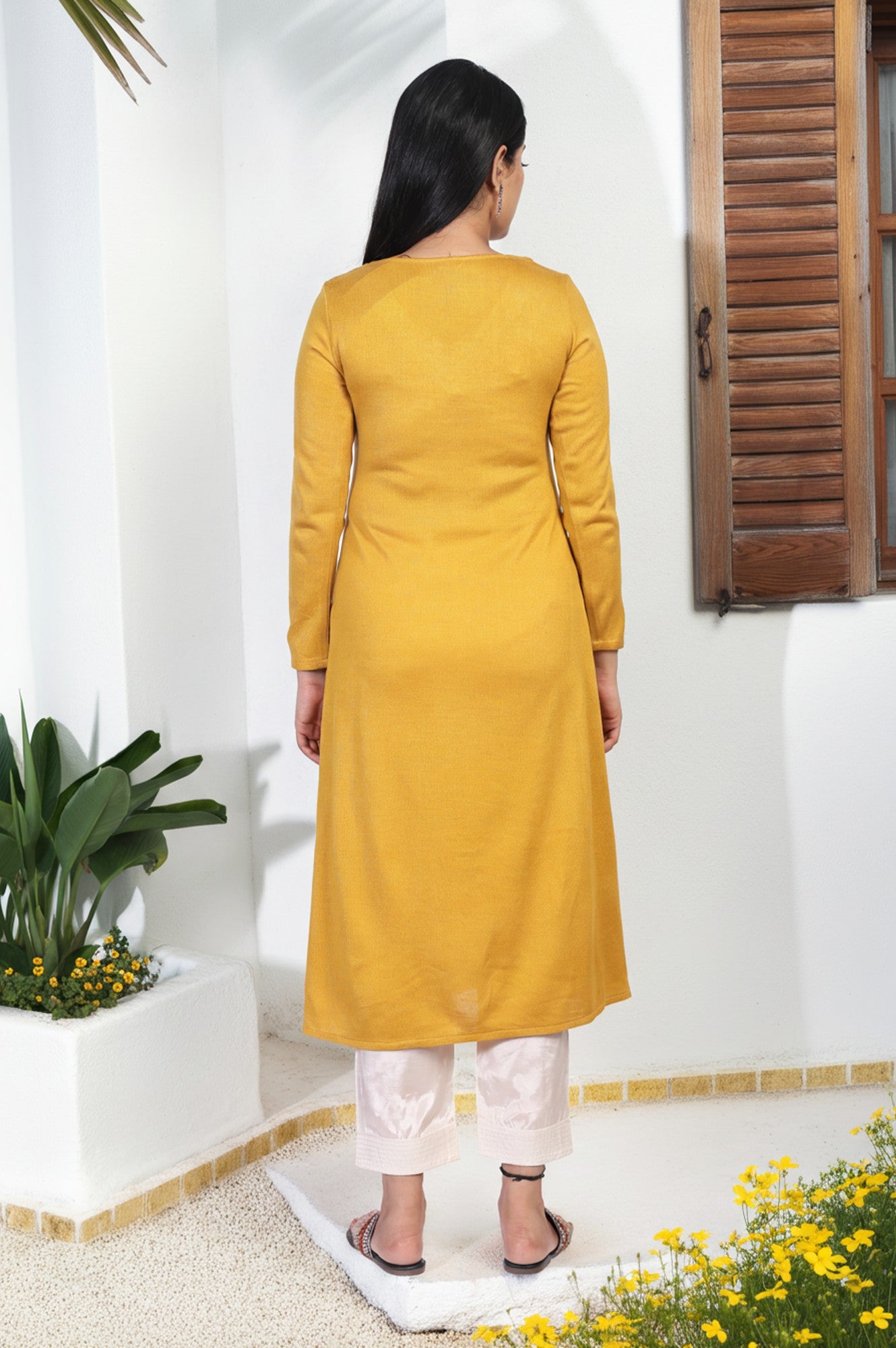 Mustard Embroidered A-Line Acrylic Winter Kurta