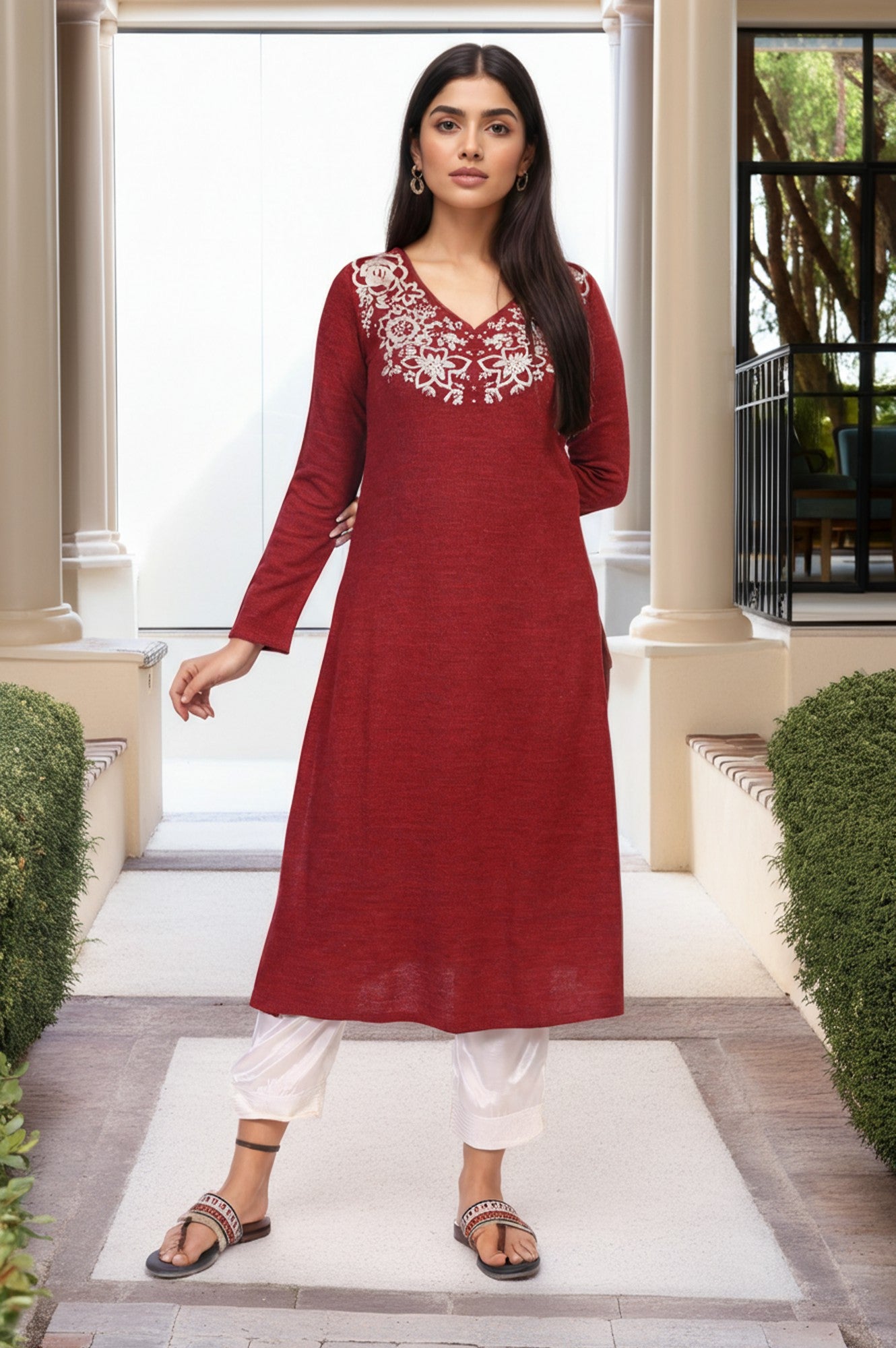 Maroon Embroidered A-Line Acrylic Winter Kurta